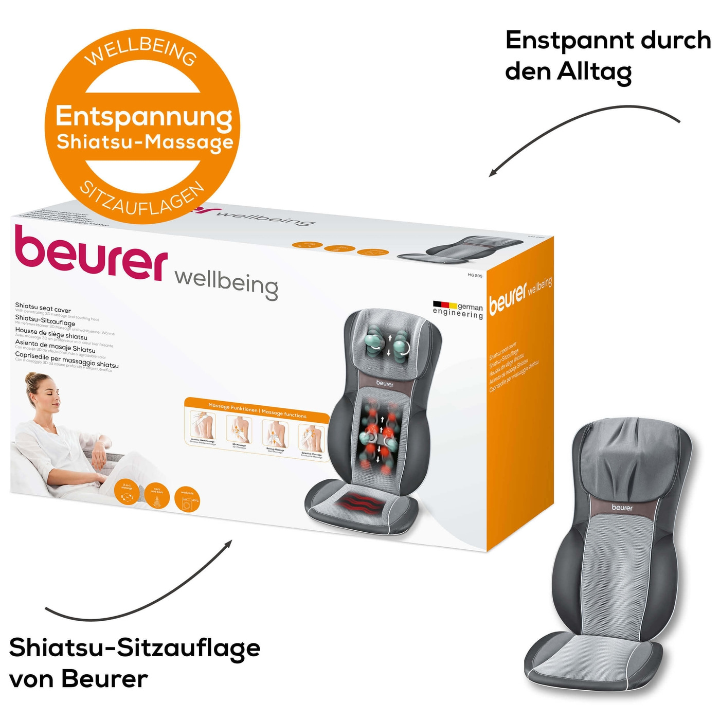 Beurer Shiatsu-Sitzauflage MG 295 HD 3D black-Sitzauflage Massagegerät für Roll-, Nacken- & Rückenmassage mit 3D Wipptechnik