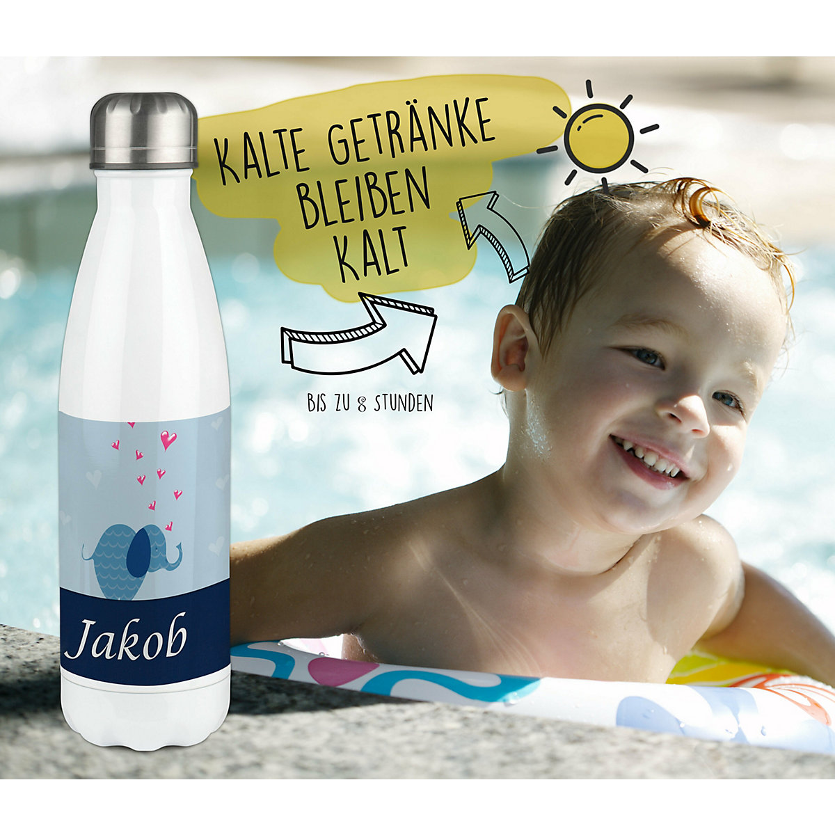 Edelstahl Kinder Thermoflasche / Trinkflasche bunt Elefant Farbe blau Spülmaschinenfest, Auslaufsicher, Bruchfest, Doppelwandig, Für Heißgetränke geeignet, Mit Deckel, Isoliert