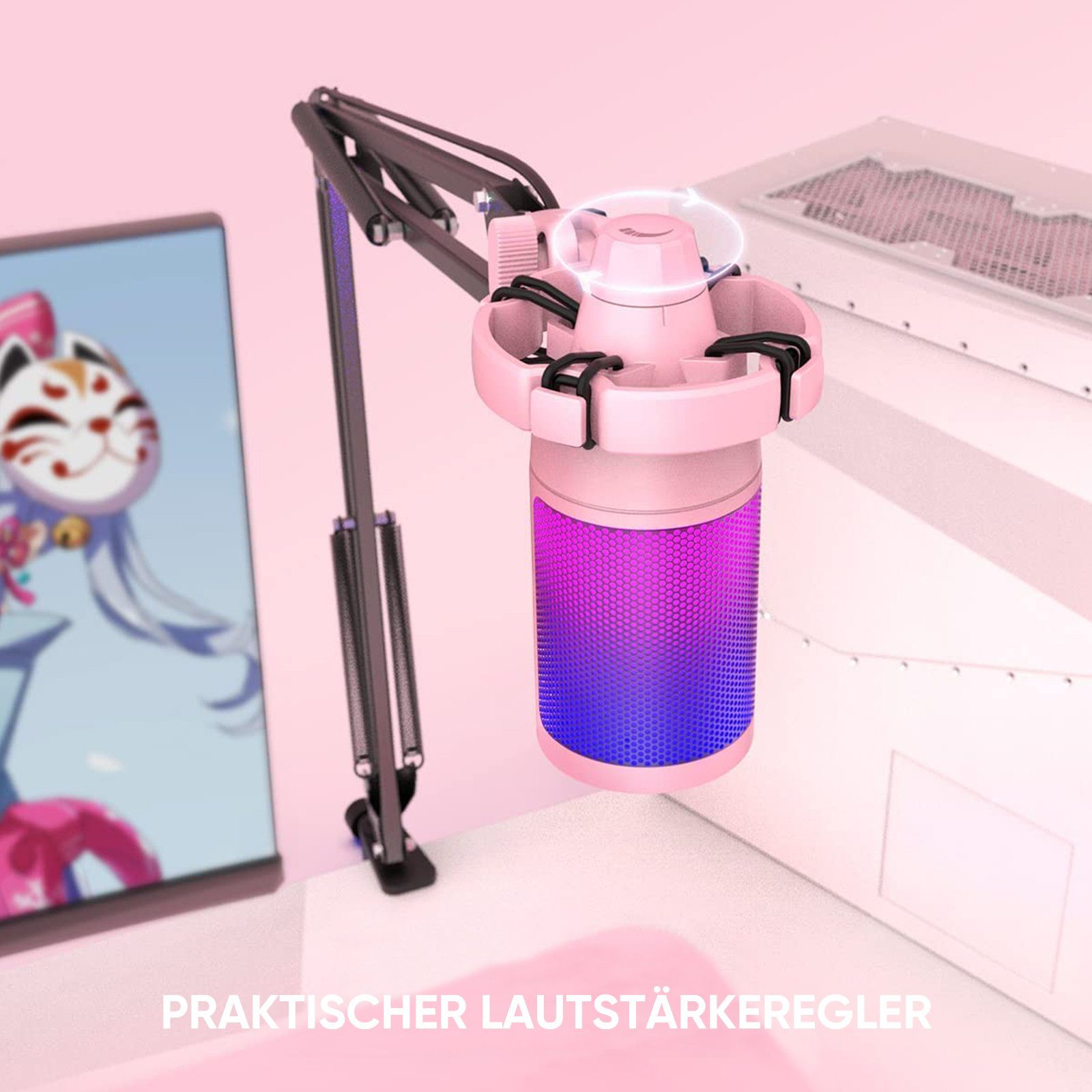 FIFINE Mikrofon USB Mikrofon Streaming mit Arm Kondensator Mikrofon Set PC Gaming RGB, Stummschalttaste, Popfilter und Stoßdämpferhalterung, Pink
