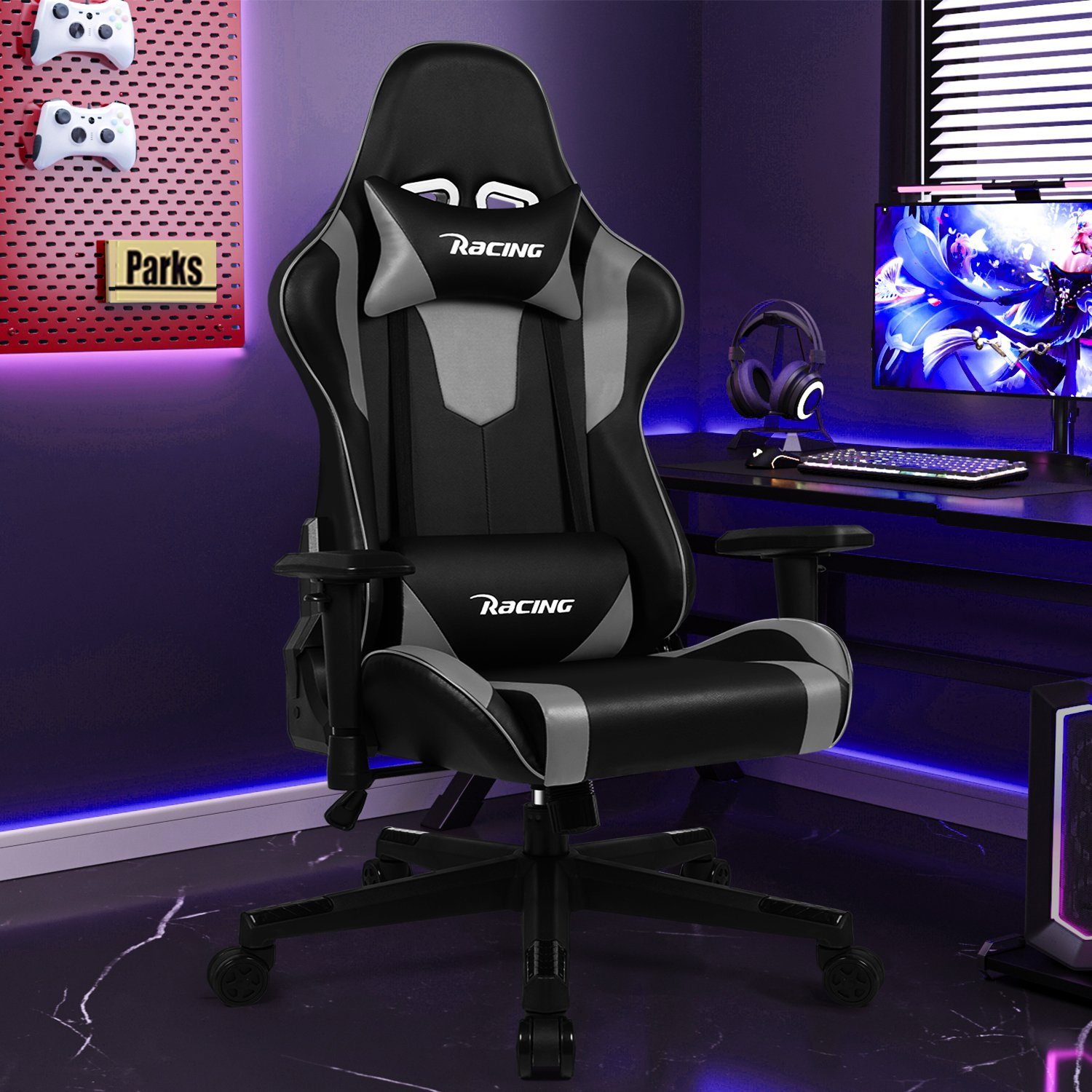Daynee Gaming-Stuhl Gaming Stuhl,Bürostuhl Ergonomisch mit verstellbare Lendenkissen (Kopfkissen und Armlehnen,Gaming Chair Gepolstert), Gamer Stuhl Wippfunktion, Gaming Stuhl 150 kg Belastbarkeit