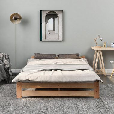 BlingBin Holzbett Futonbett Einzelbett Massivholz mit Kopfteil Lattenrost 140x200cm (Massivholz Natur Bett, Natur), Massivholz, in zwei Größen erhältlich