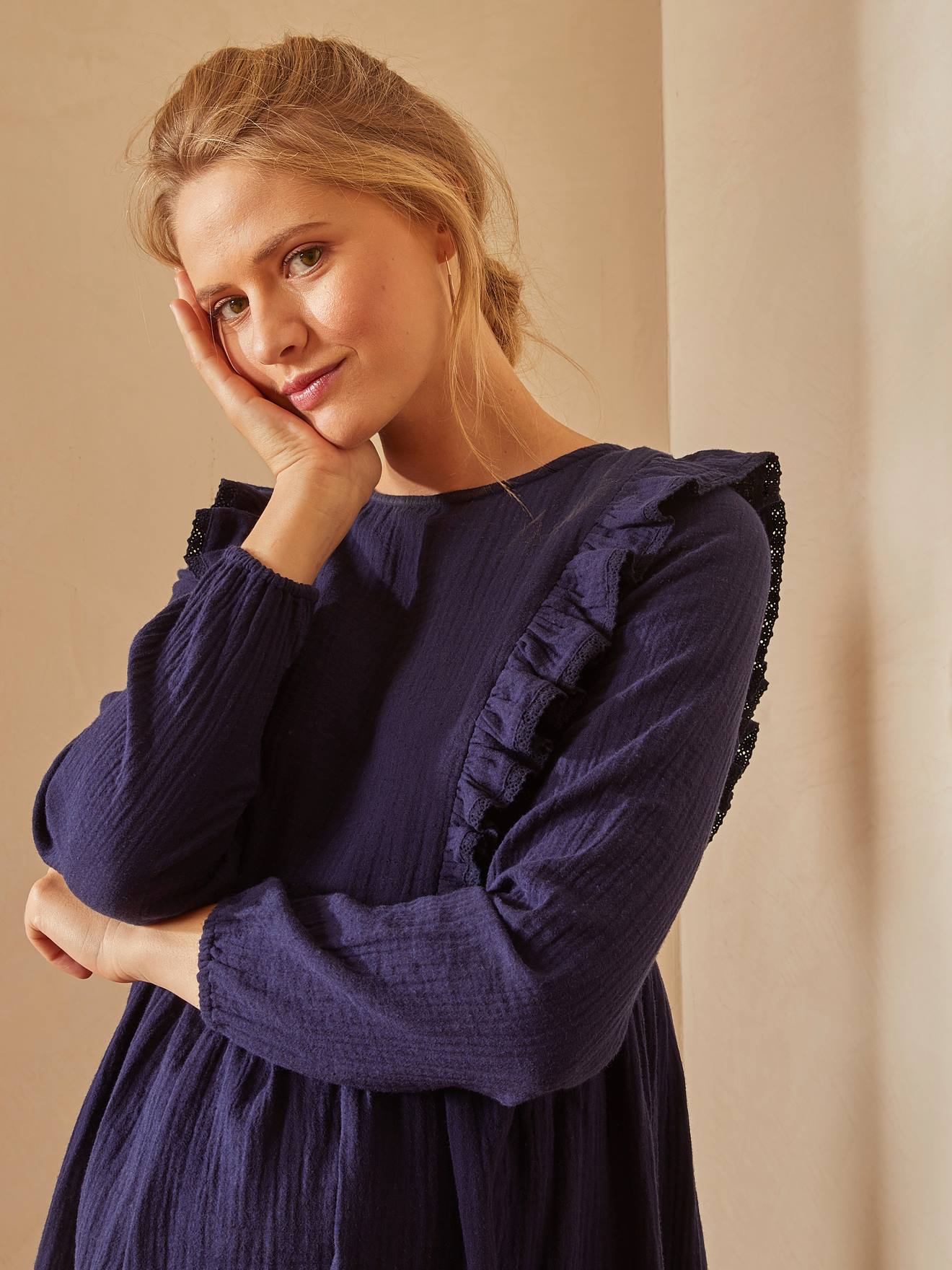 Robe gaze de coton de grossesse et d'allaitement encre