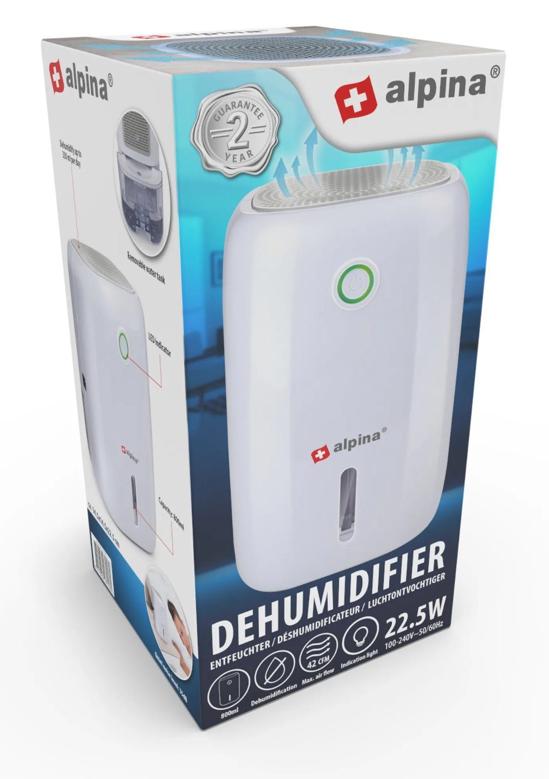 JUNG Luftentfeuchter Alpina Mini Luftentfeuchter elektrisch 22W, Raumentfeuchter leise, für 10 m³ Räume, Entfeuchtung 0,33 l/Tag, Tank 0,80 l, Raumluft Entfeuchter, Extra leise gegen Schimmel, zu Hause entfeuchten