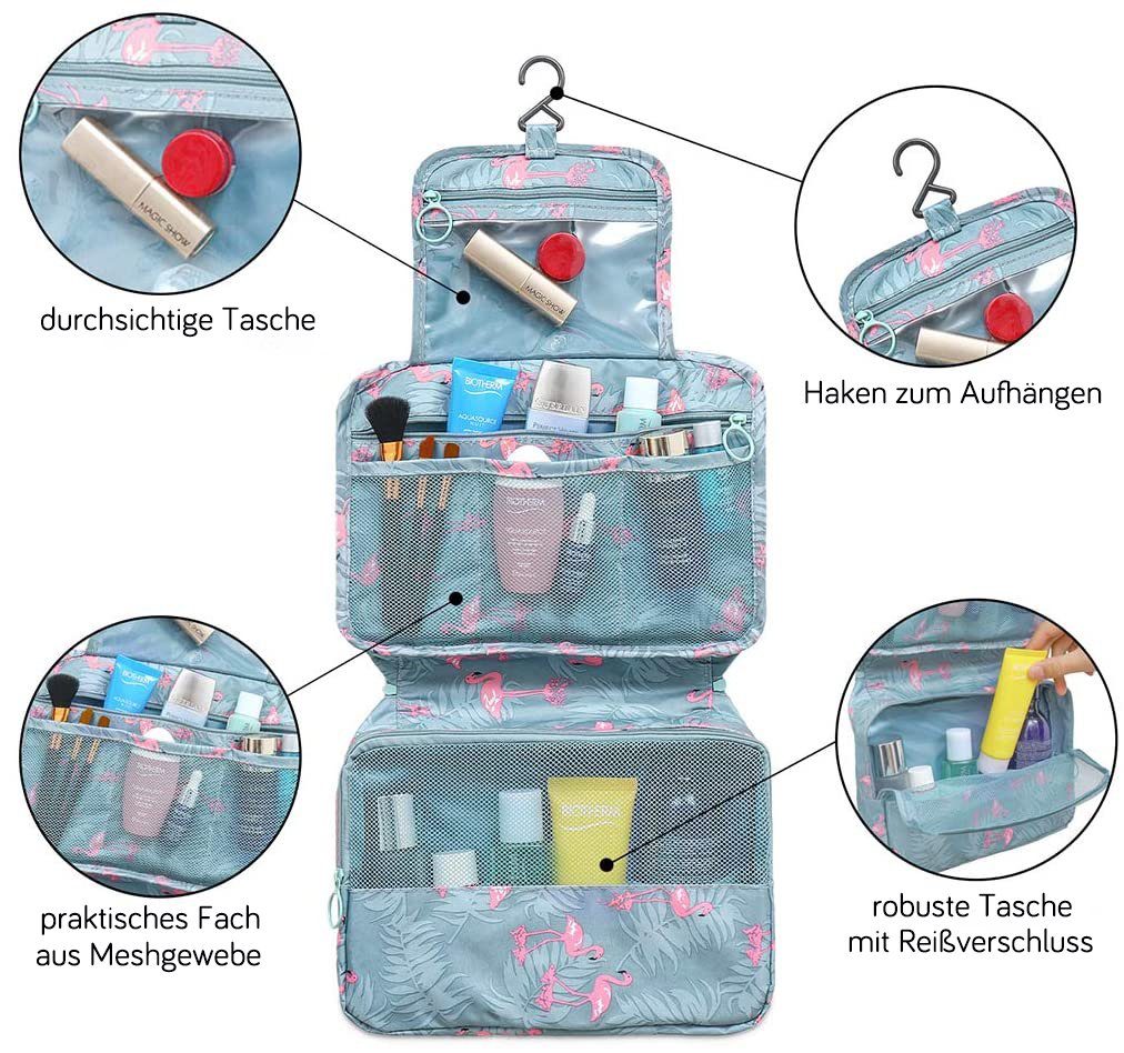 Alster Herz Kulturbeutel Reise Kulturtasche Zum Aufhängen, Flamingo A0157 (1-tlg), Großes Fach mit Trennwand
