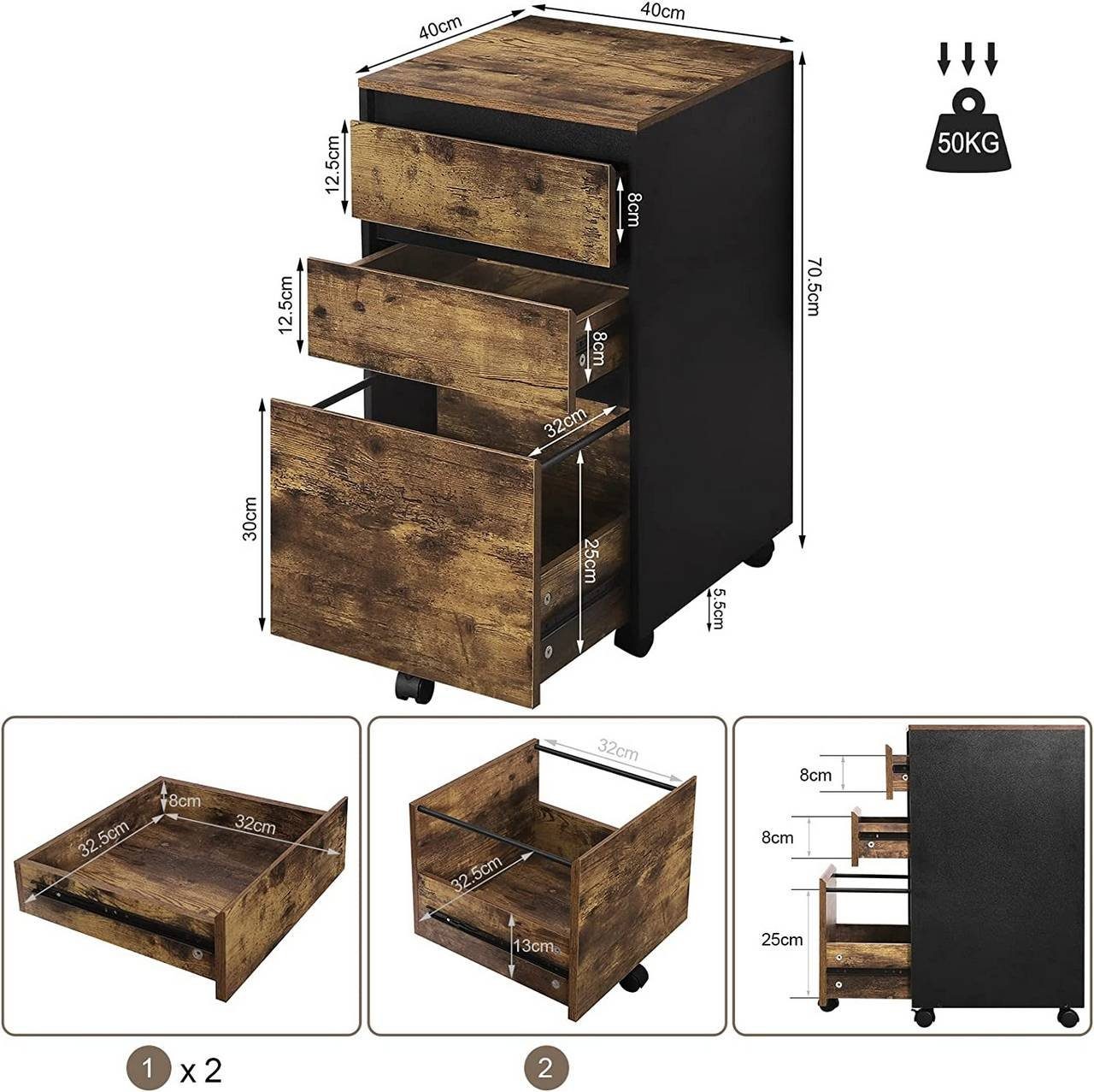 Woltu Aktenschrank (1-St) mobiler Schrank, Rollcontainer mit 3 Schubladen