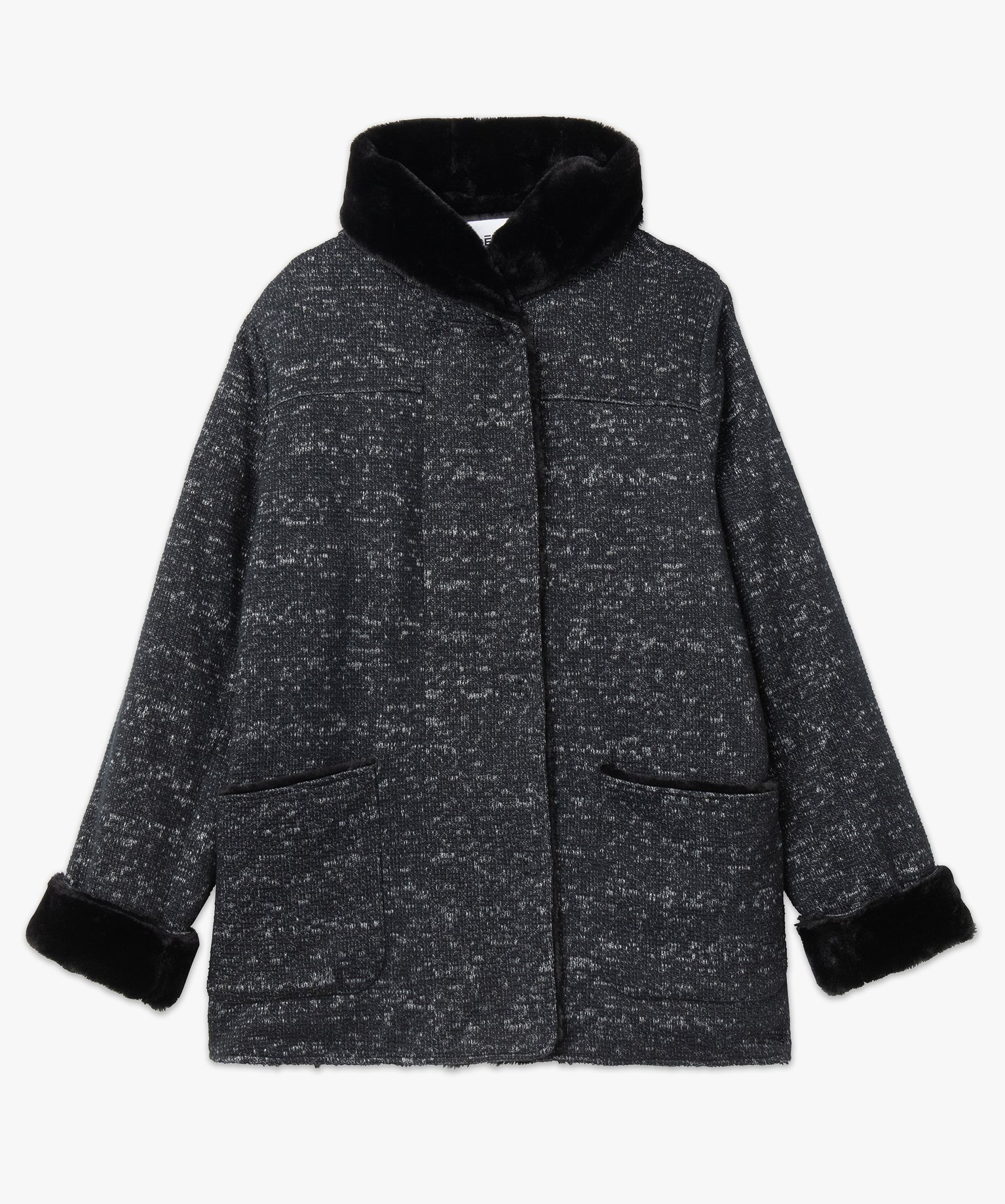 Manteau en maille bouclette et détails duveteux femme grand... gris fonce | GEMO
