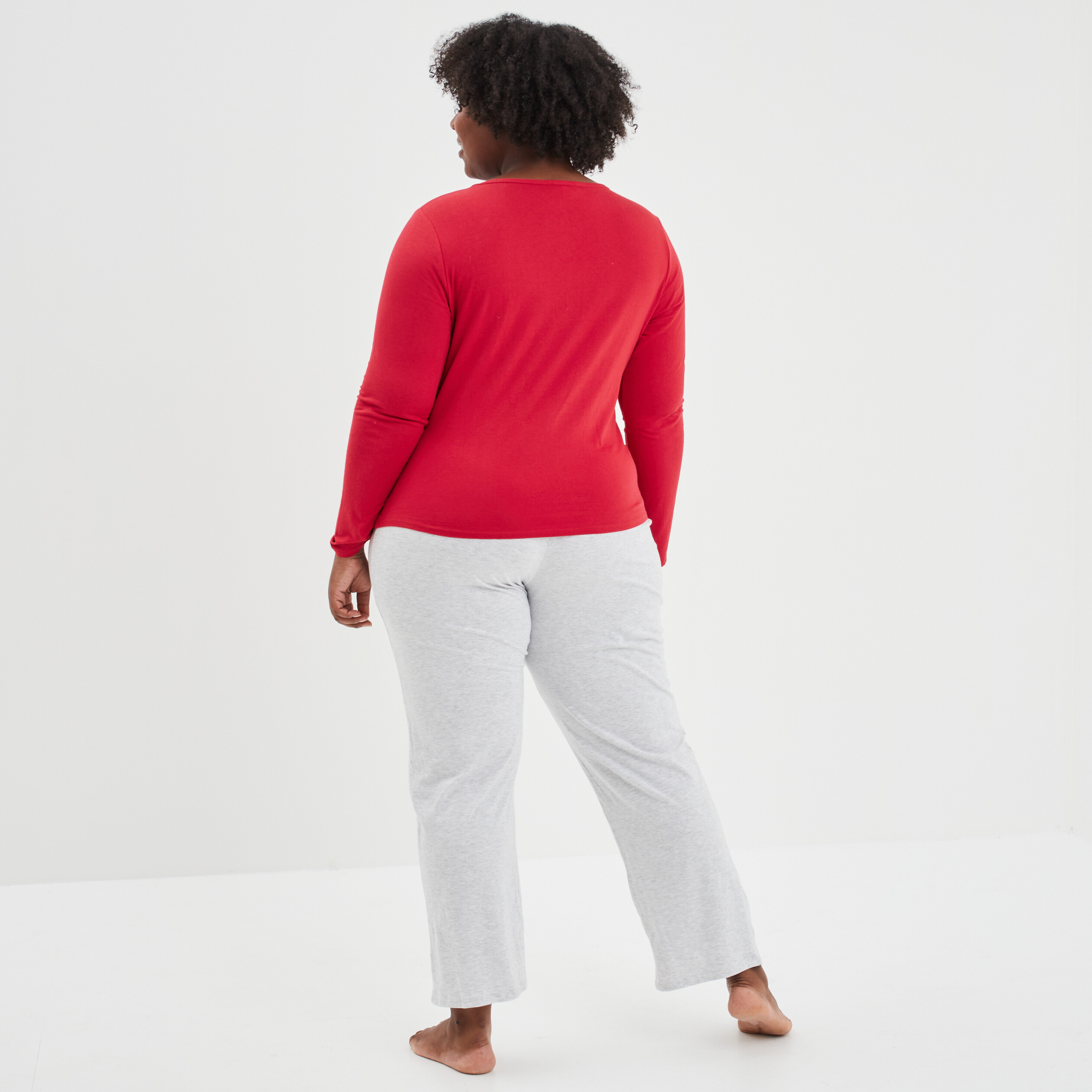 Ensemble pyjama pantalon 2 pièces coton rouge femme grande taille | La Halle