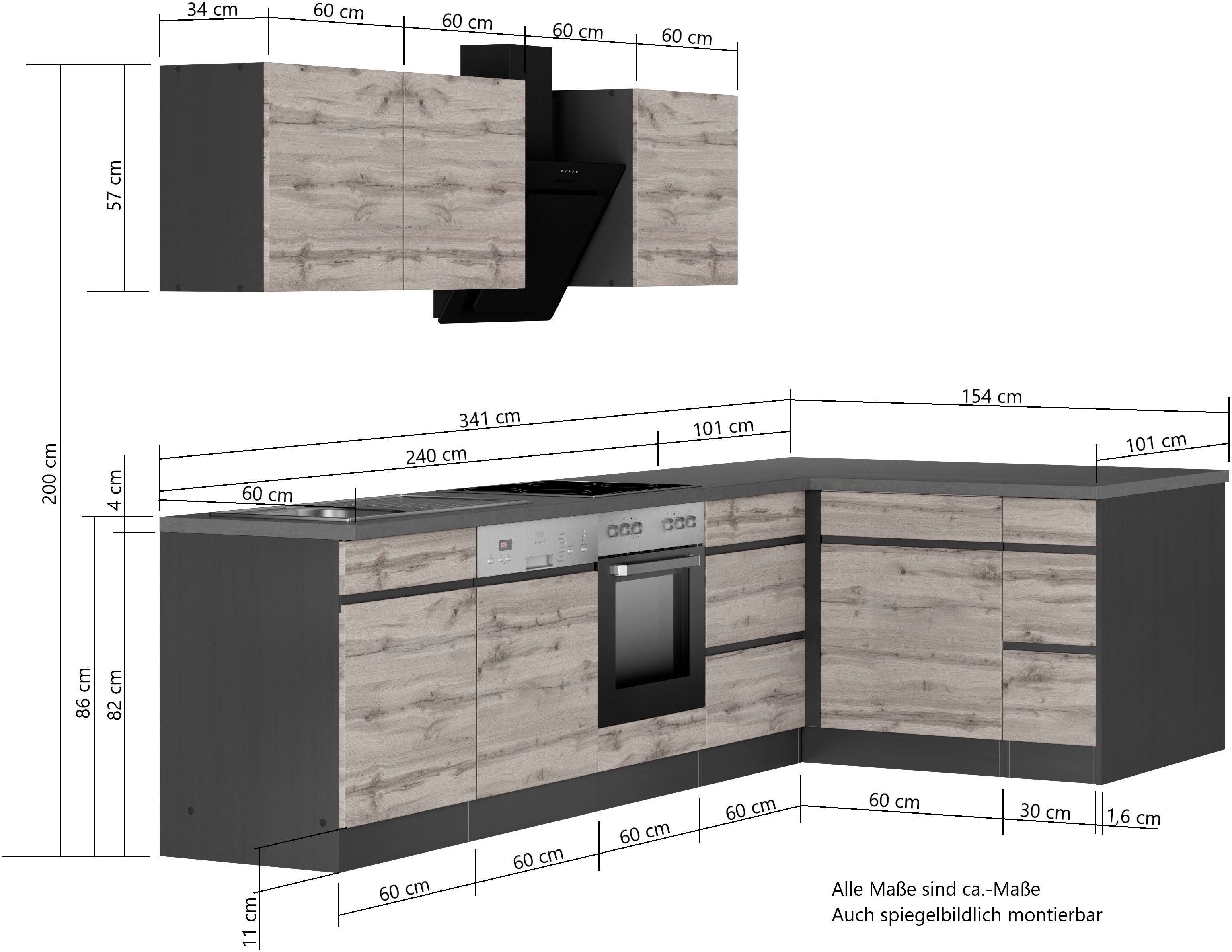 HELD MÖBEL Küche Riesa, Stellbreite 340x150 cm, wahlweise mit oder ohne E-Geräte