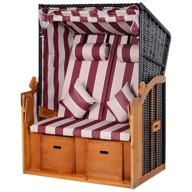 PureHaven Strandkorb 118x79x150 cm für 2 Personen inkl. Rücken- und Sitzkissen verstellbare Rückenlehne Klapptische und Fußstützen rose