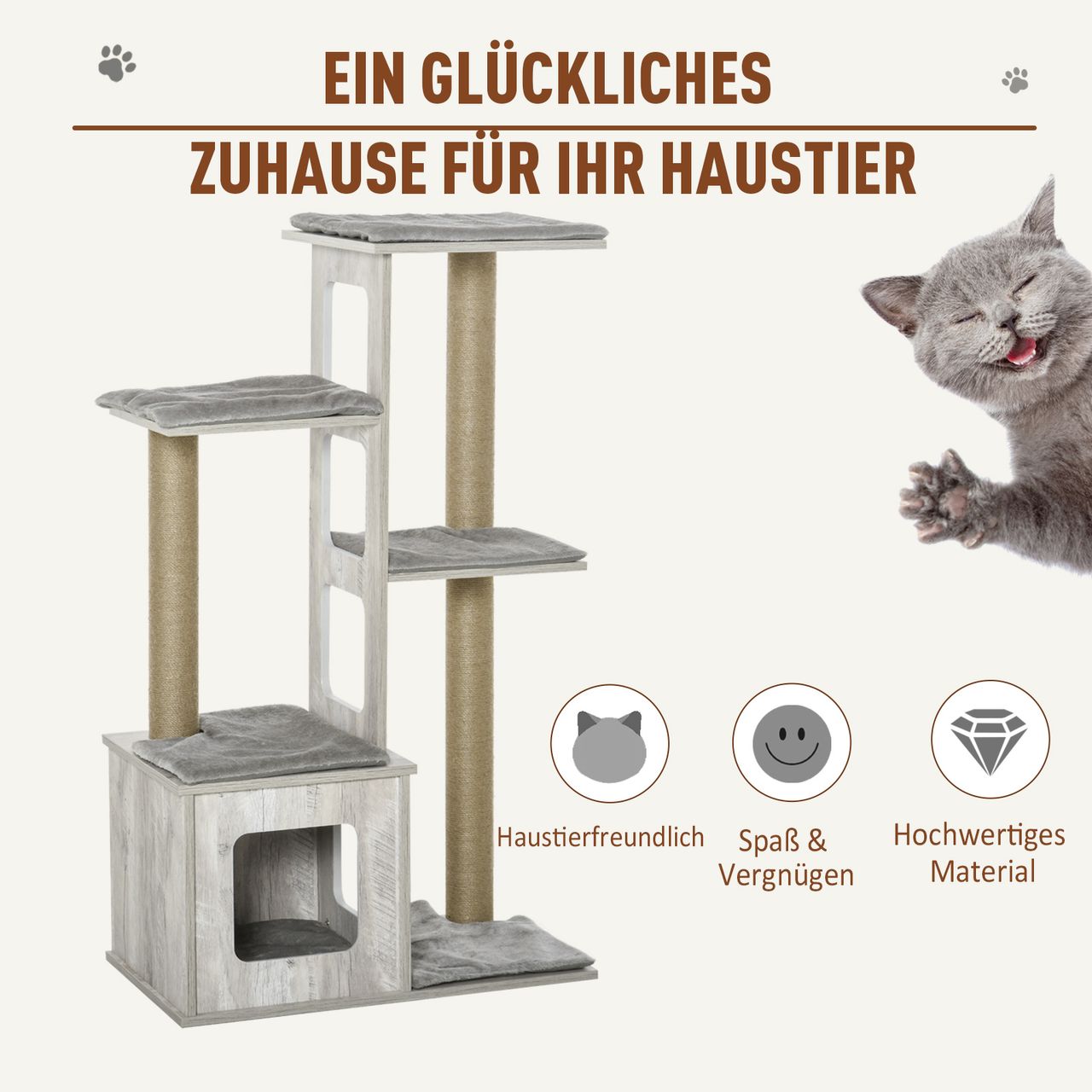 PawHut Katzenbaum Kratzbaum Aktivitätszentrum Klettergerüst Plüsch Grau