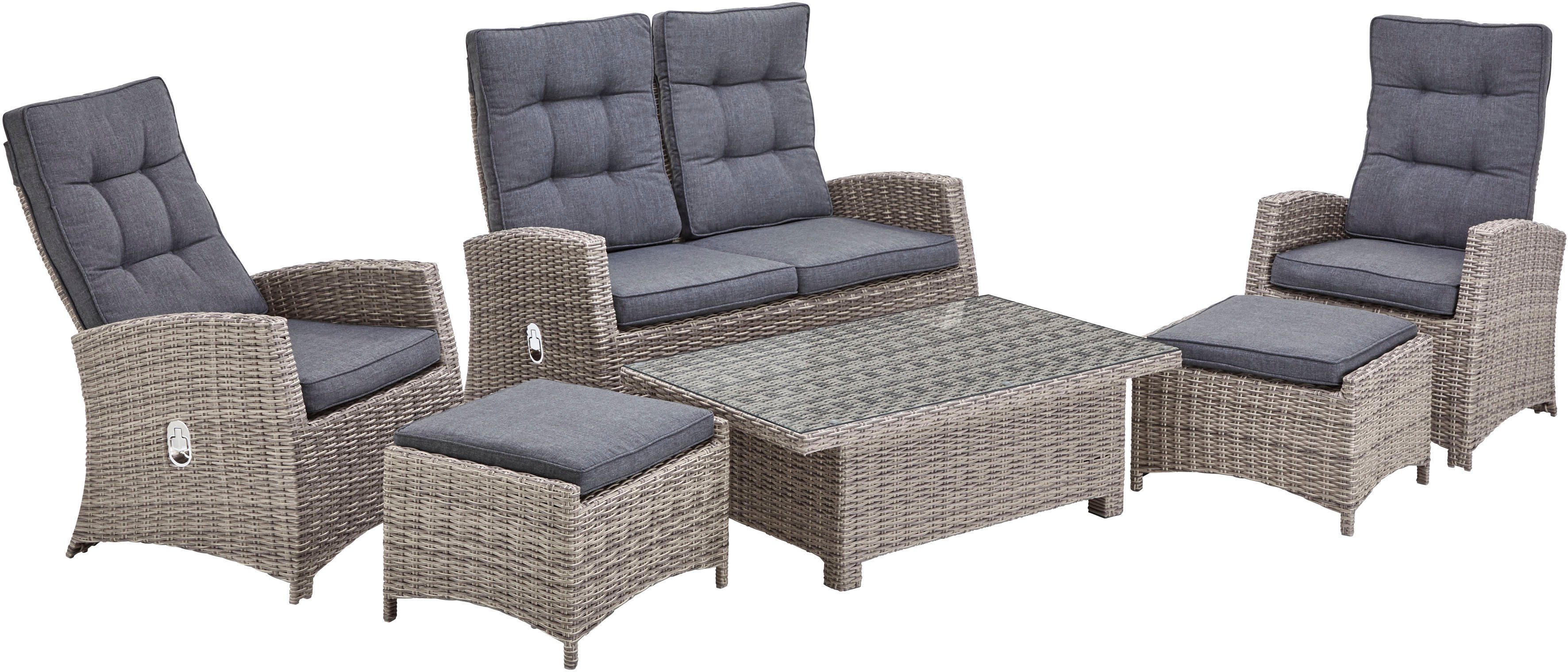 KONIFERA Gartenlounge-Set Monaco, (Set, 16-tlg., inkl. Auflagen, Alu, Polyrattan), höhenverstellbarer Tisch 43,5 - 66,5 cm
