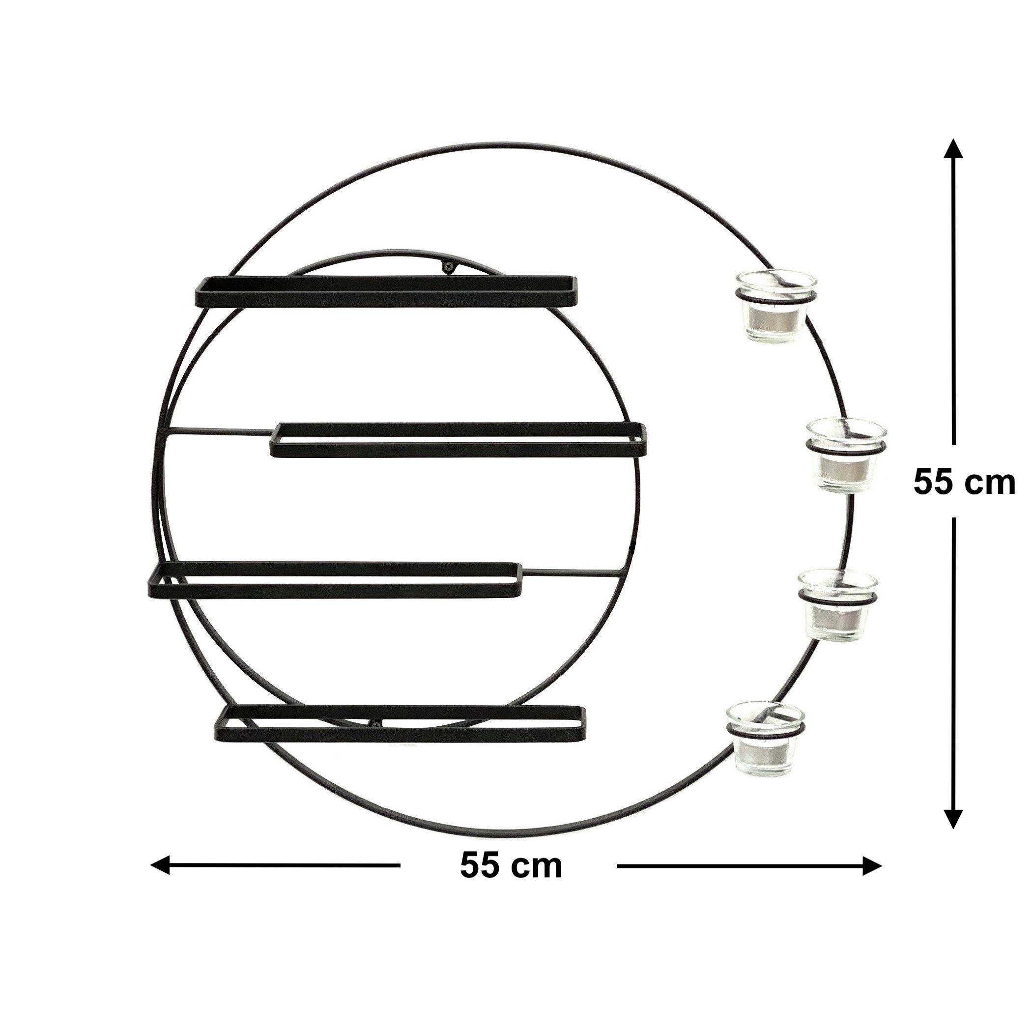 DanDiBo Weinregal für 4 Flaschen und Teelichter Metall 55 cm Wand Schwarz Vivace 96214 Rund Flaschenregal Flaschenhalter Wandmontage Modern Wandhalter Wandregal, Inklusive 4 x Teelichtgläser und Befestigungsmaterial