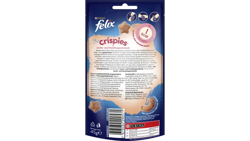 PURINA Felix Crispies mit Lachs- und Forellengeschmack Katzensnacks 45g Beutel 45 g