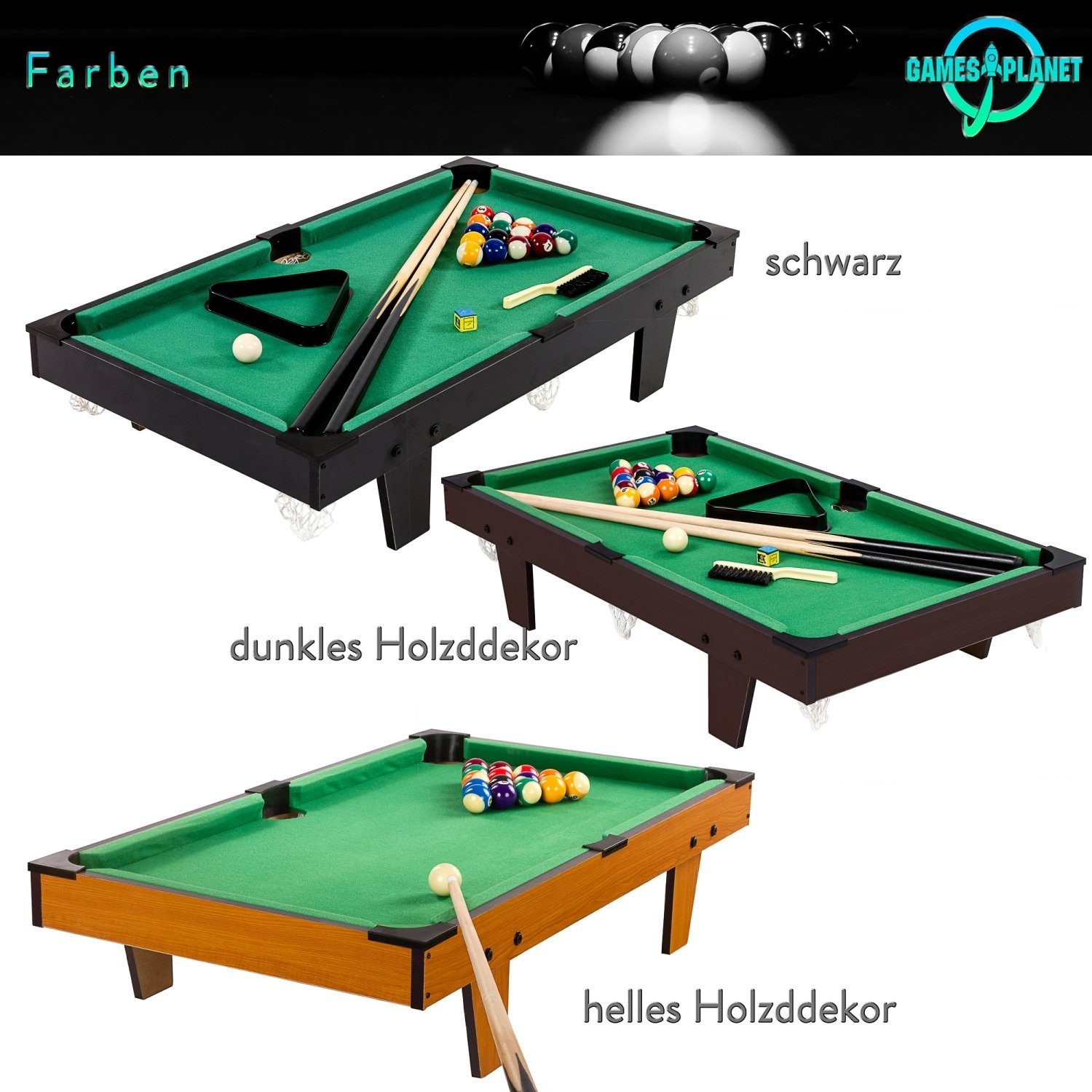 GAMES PLANET Billardtisch Mini Pool Billardtisch Micro inkl. Zubehör, (2 Queues, Kugeln, Dreieck, Kreide, Bürste), 3 Dekore, Maße:92x52x19cm