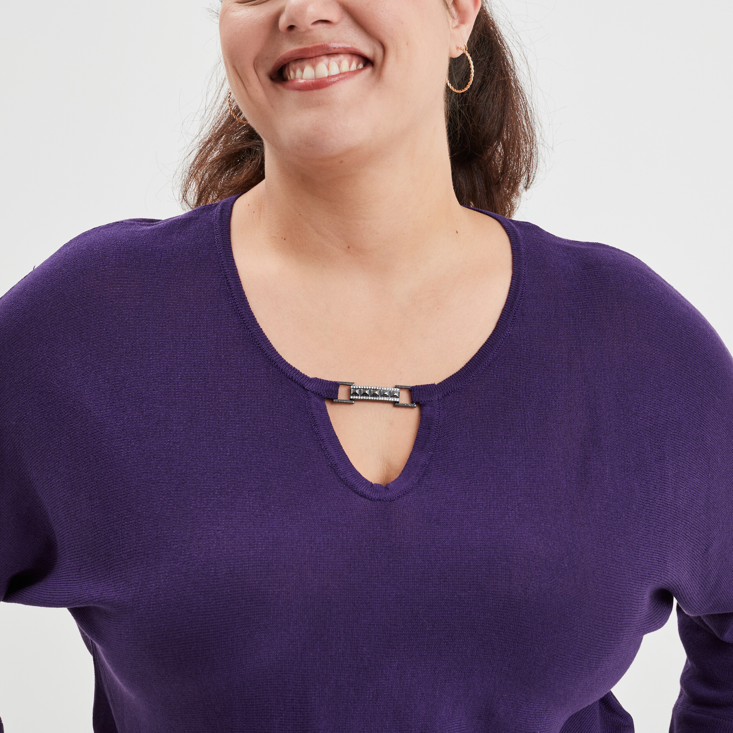Pull manches chauve-souris détail bijou violet femme grande taille | La Halle