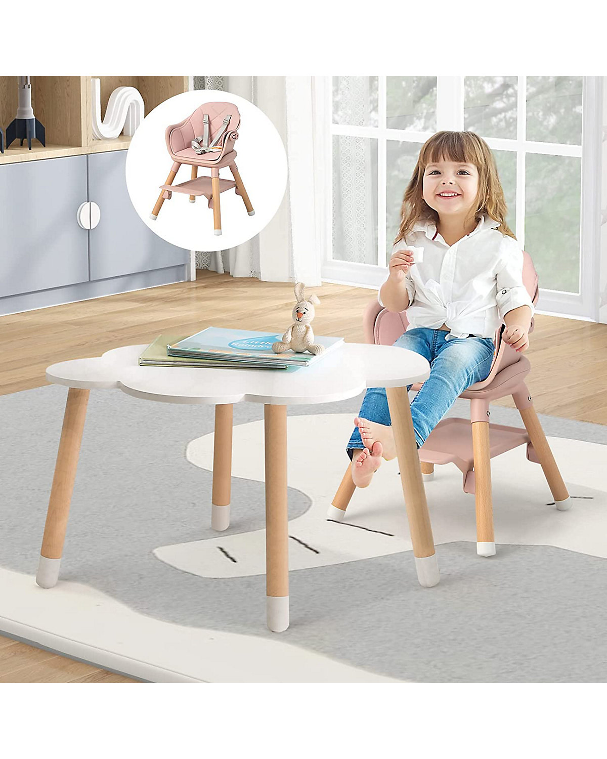 6 in 1 Hochstuhl mit Sitzkissen mit Tablett abnehmbar