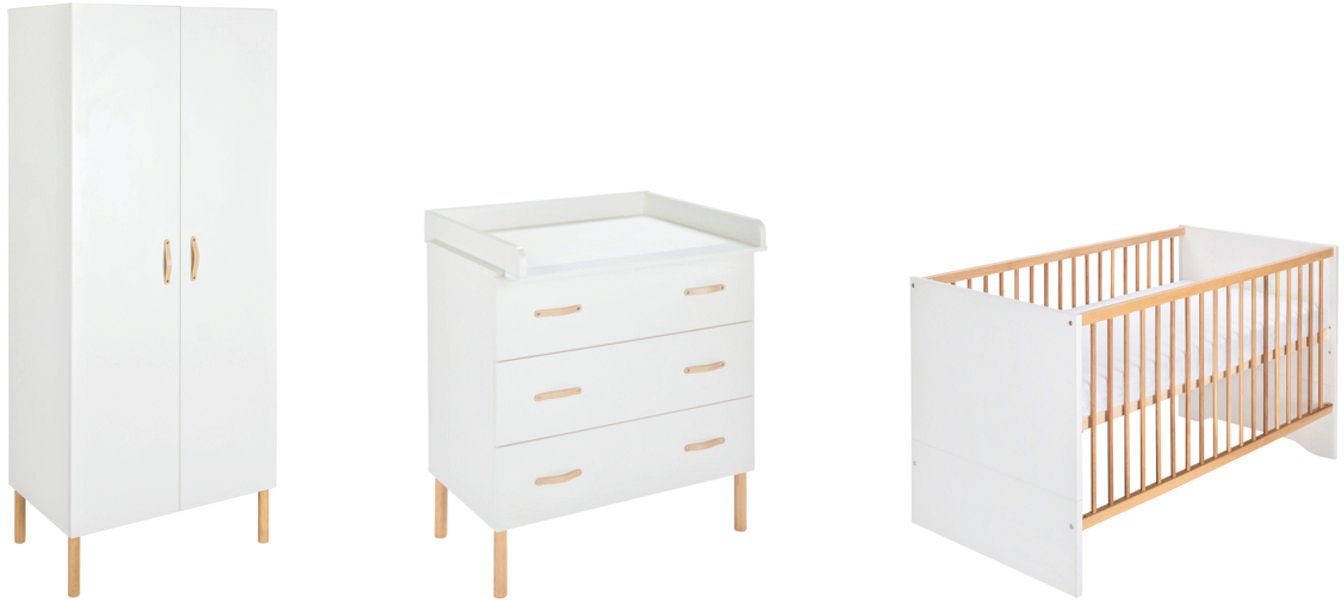 Schardt Babyzimmer-Komplettset Camiel White, (Set, 3-St., Kinderbett, Schrank, Wickelkommode), mit Kinderbett mit Umbauseiten, 2-trg. Schrank und Wickelkommode