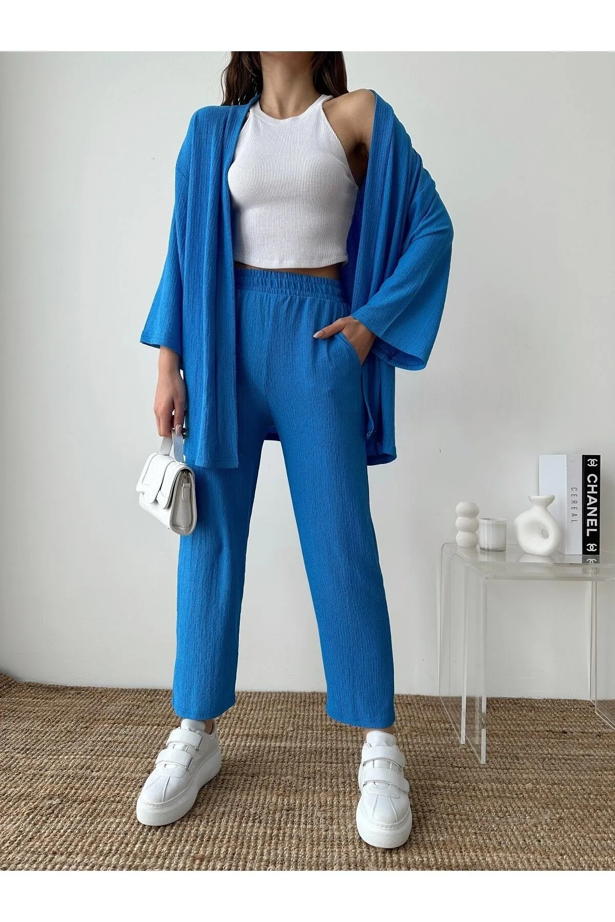 BEJNA  Blaues Kimono-Hosen-Strickset für Damen