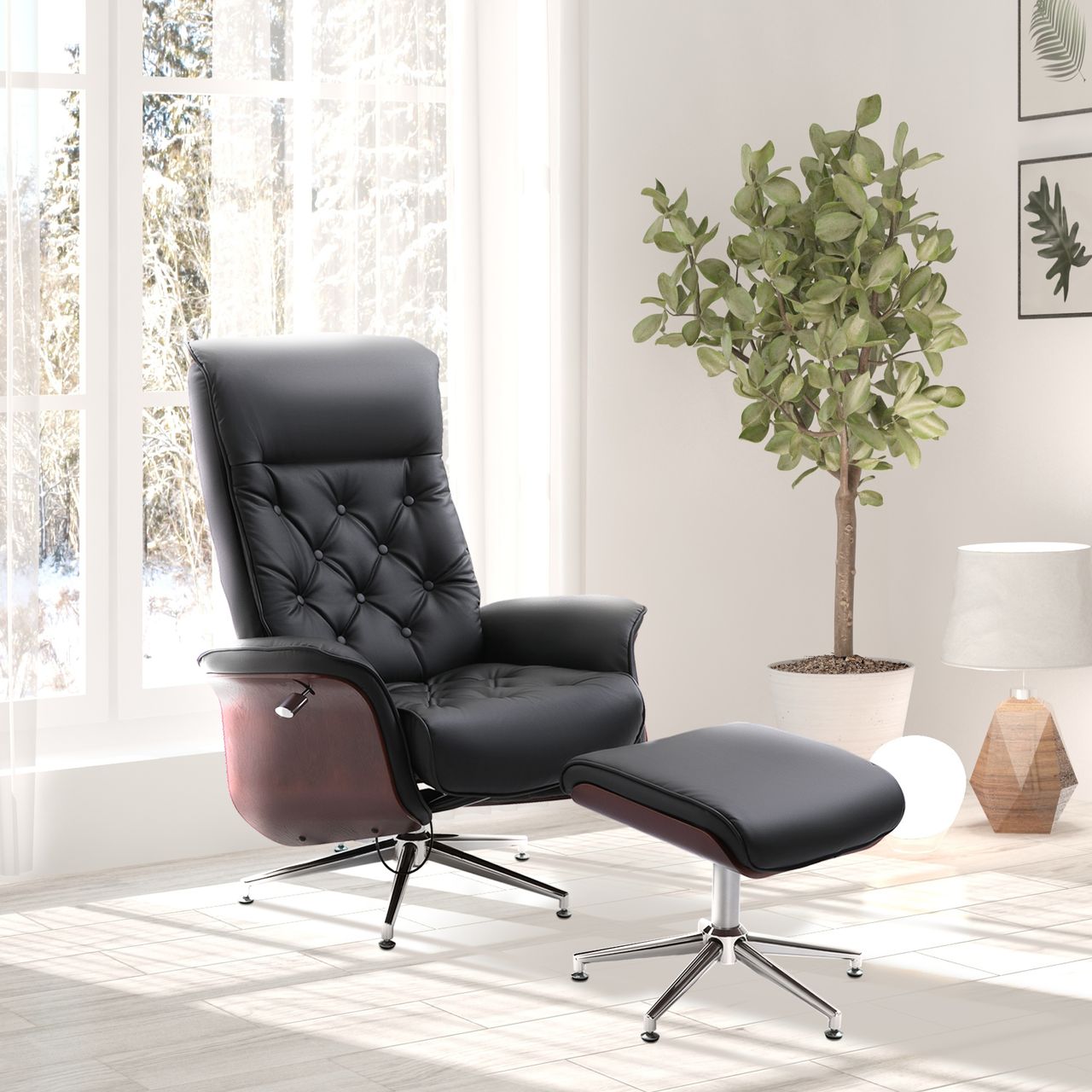 HOMCOM Relaxsessel mit Hocker Fernsehsessel Polstersessel 360° drehbar 145° neigbar Chesterfield PU-Bezug Holzverkleidung Metallfuß Schwarz 82 x 83 x 110 cm