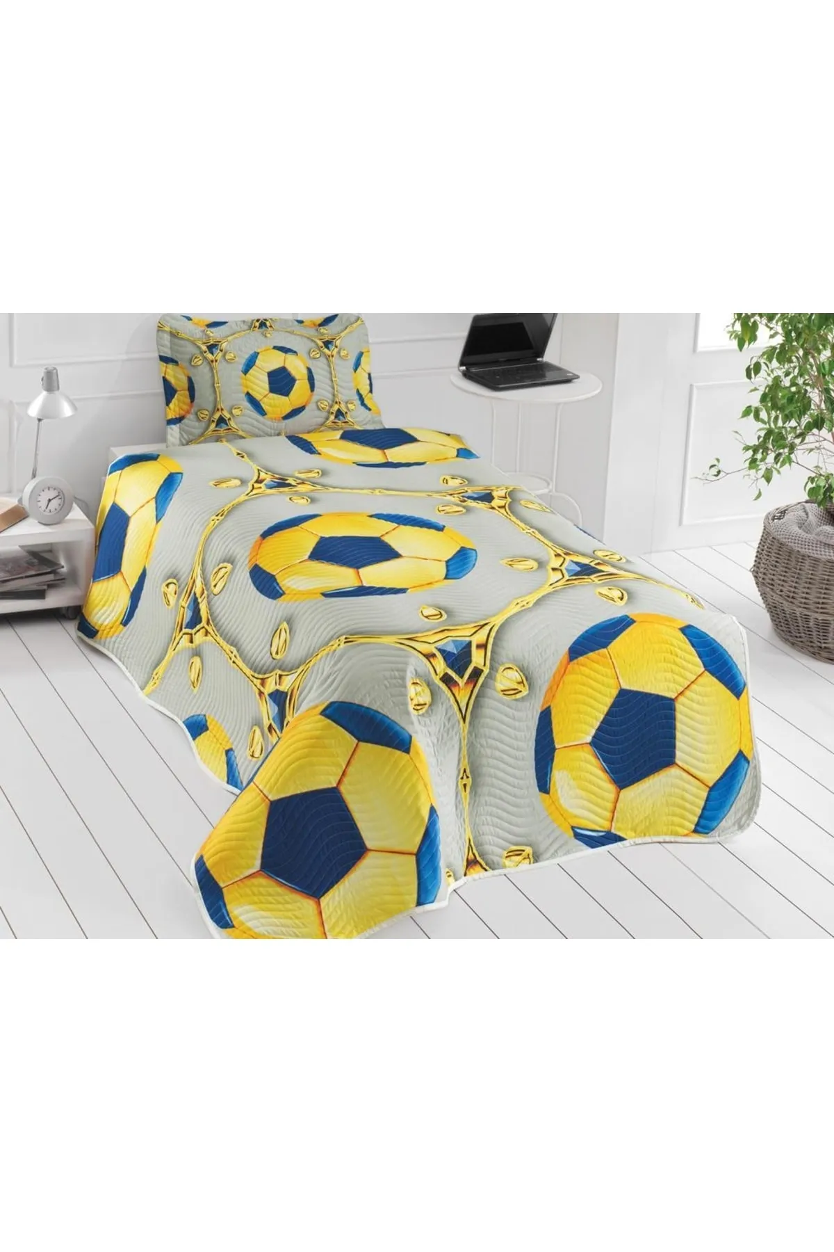 Çeyiz Diyarı  Tagesdecke für Einzelbett mit Fächerdruck, Gelb, Marineblau