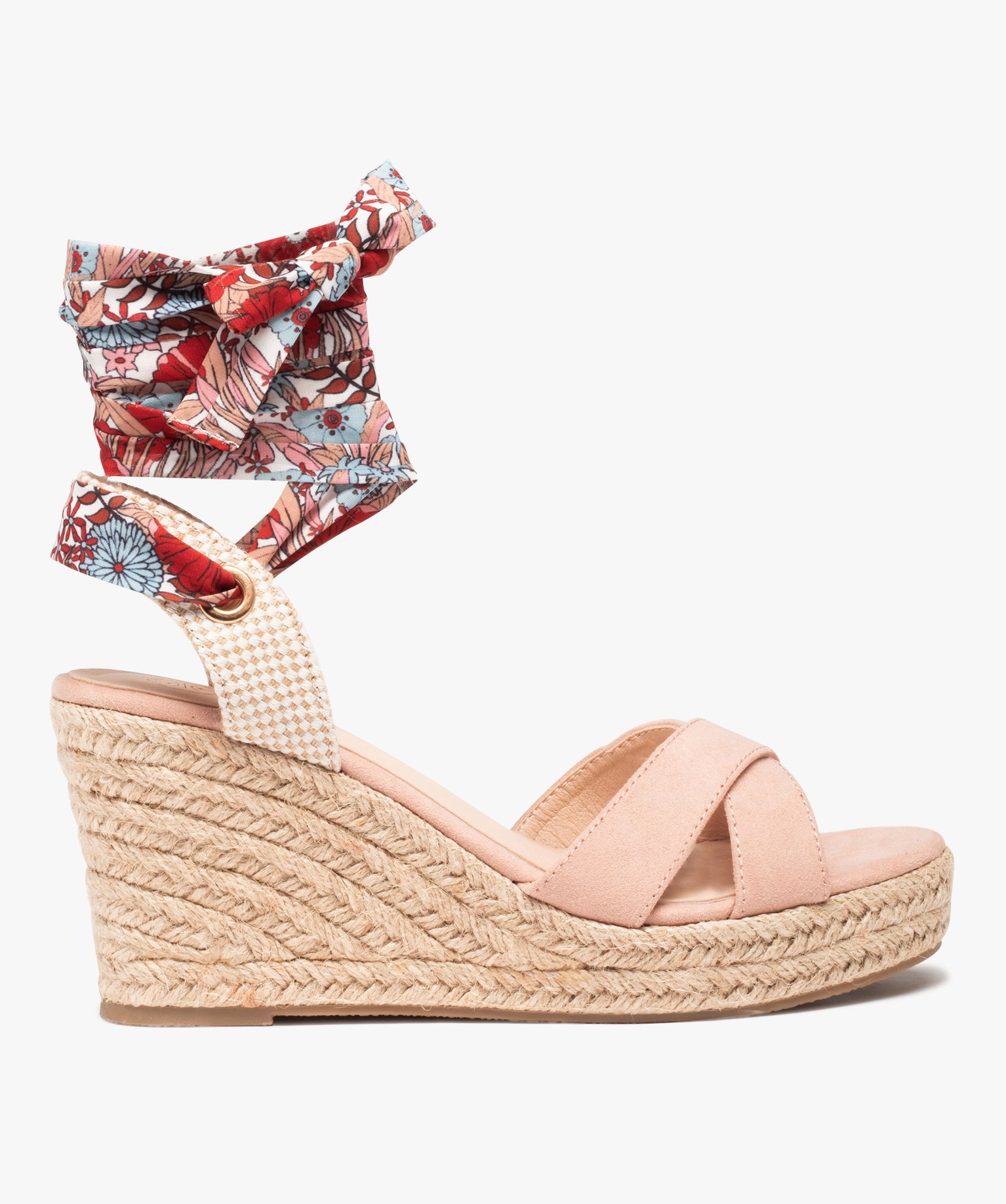 Sandales femme compensées en suédine et bride foulard rose | GEMO