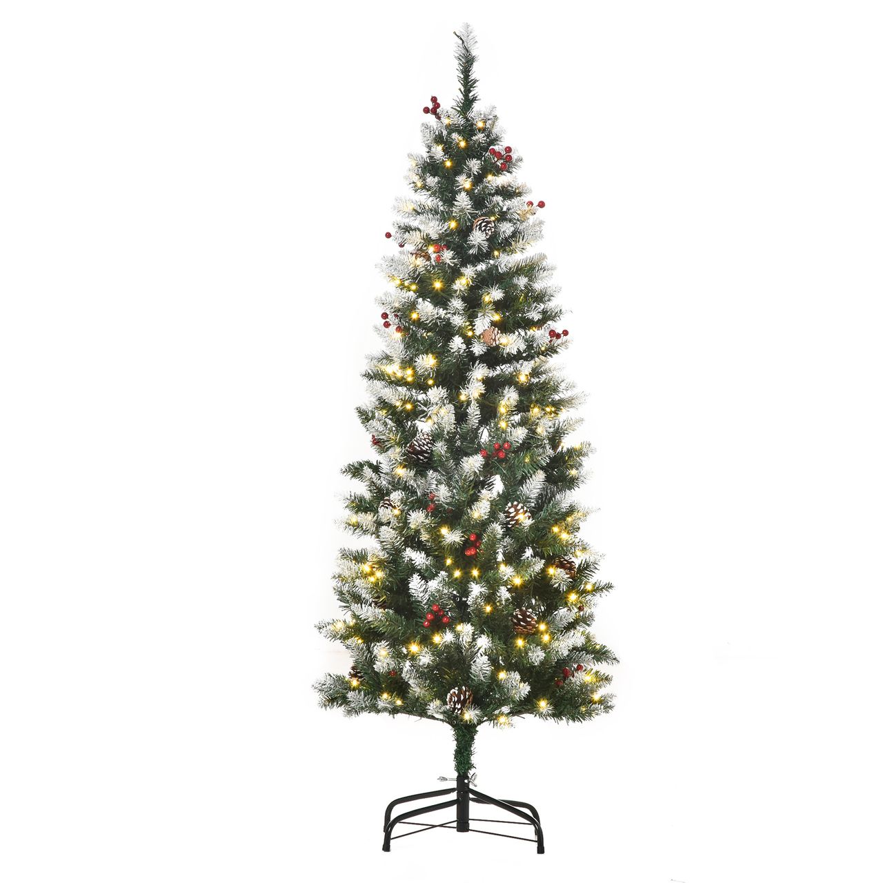 HOMCOM Weihnachtsbaum 1,5 m Christbaum Tannenbaum mit 25 roten Beeren Tannenzapfen LED-Lichter Kunsttanne 408 Zweige PVC Stahl Grün Weiß Ø53 x 150 cm
