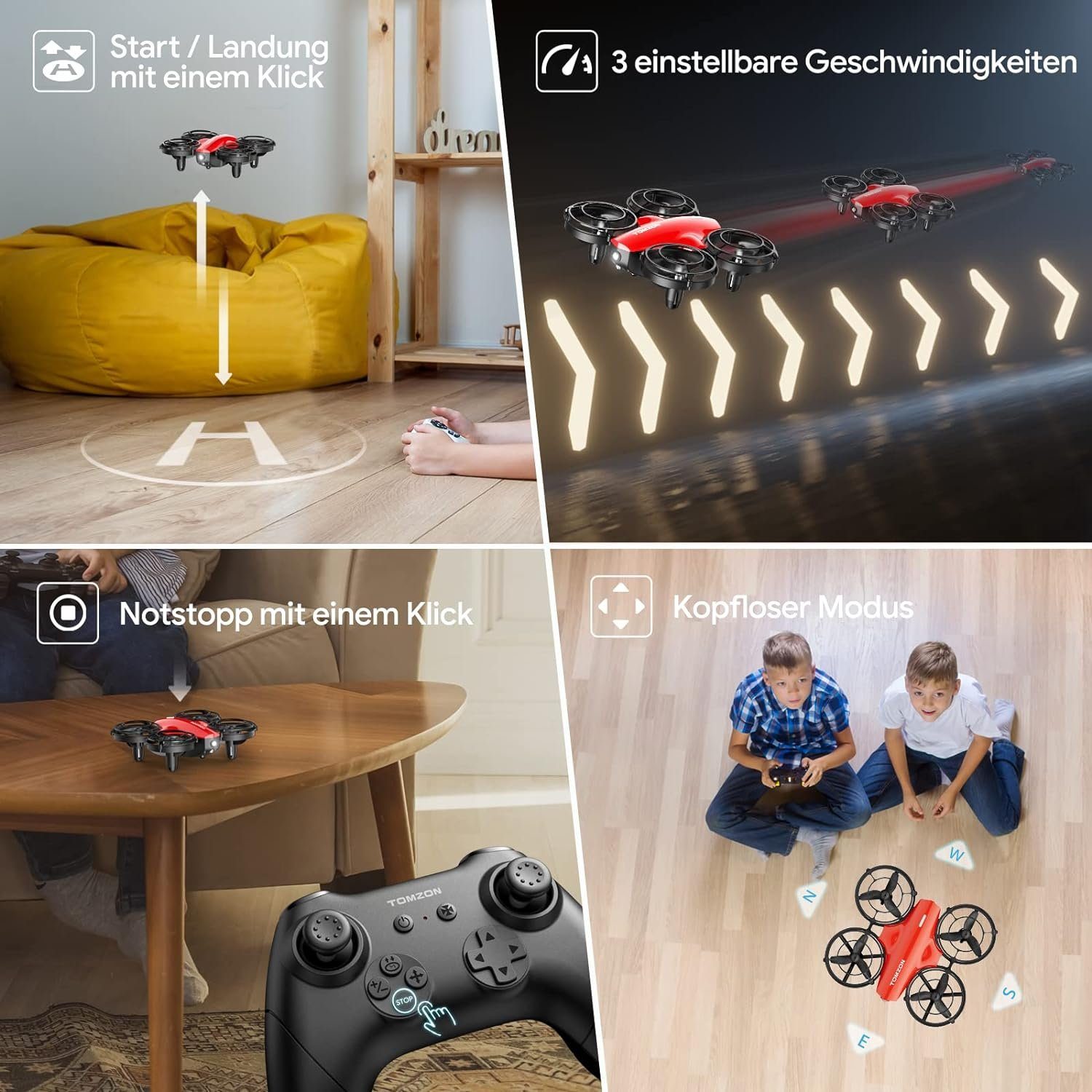 Tomzon mini Drohne für Kinder Anfänger RC Quadrocopter Drohne (mit 24min Lange Flugzeit Kampfdrohne mit 360° Propellerschutz Flugzeug)