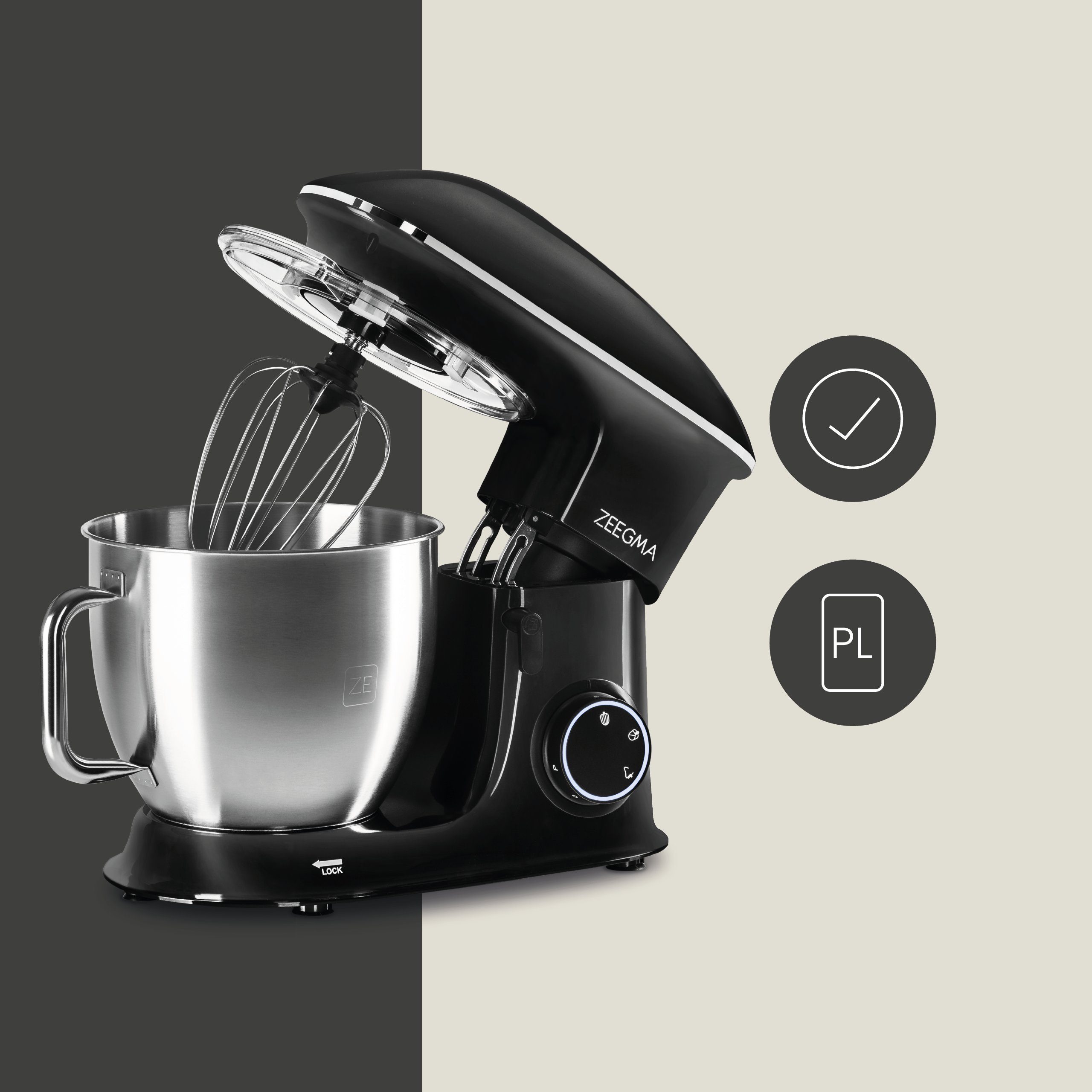 Zeegma Küchenmaschine PLANEET CHEF, 2200 W, 6,50 l Schüssel, 2200W Teflon LED XXXL 6,5 l Schüssel