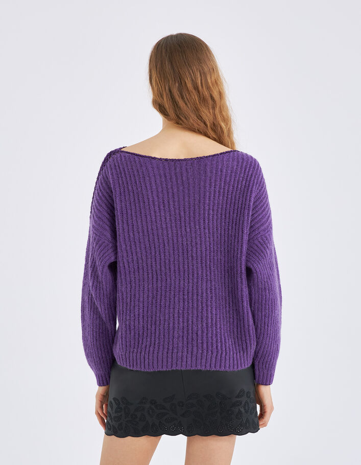 Pull violet tricot à côtes et détails lurex Femme