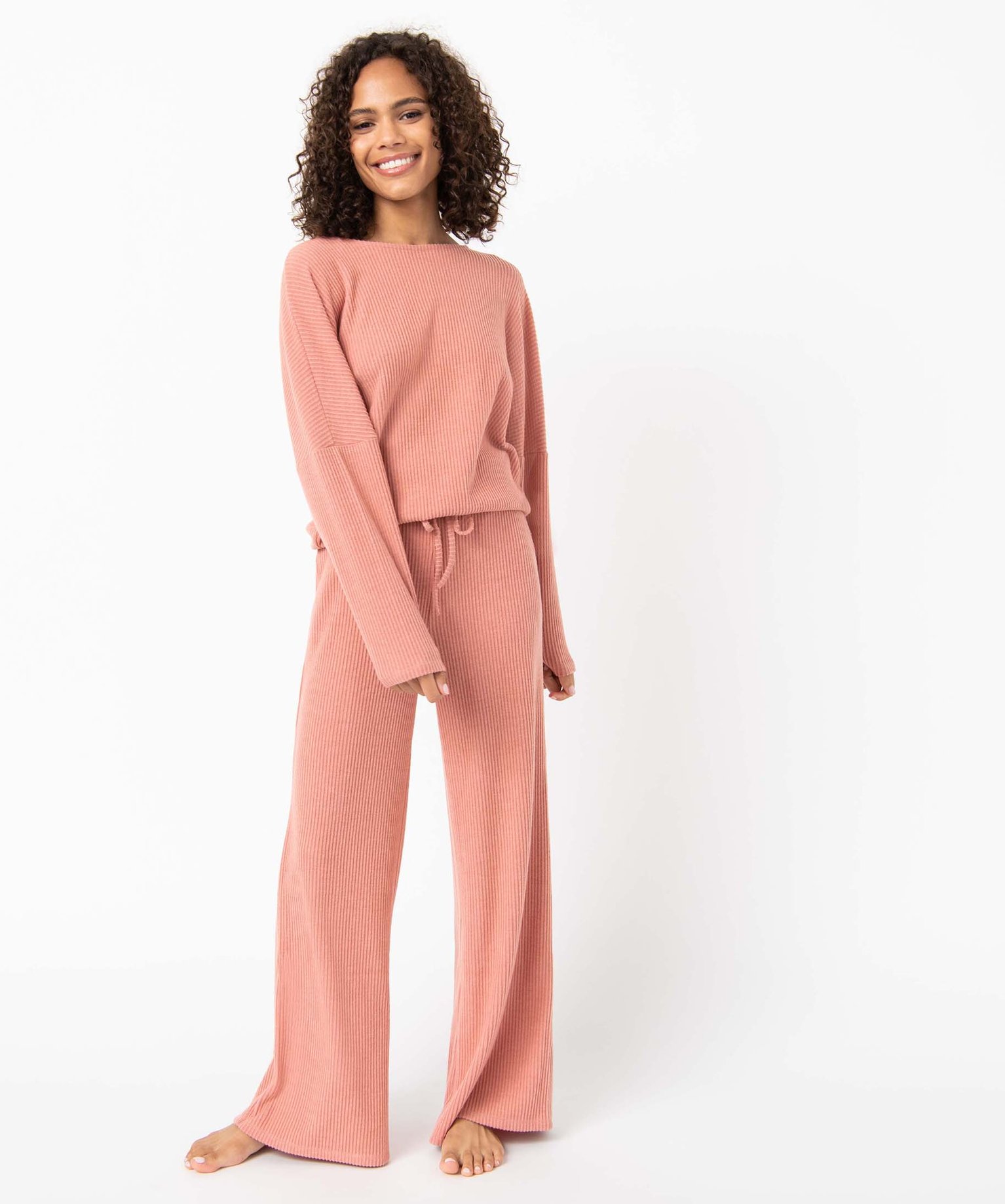 Bas de pyjama femme large en maille ctelée extra douce rose | GEMO