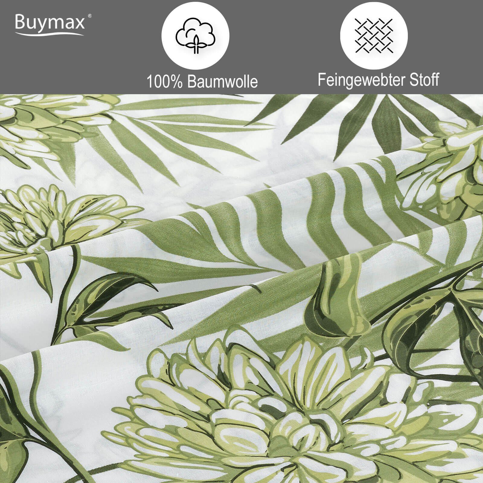 Bettwäsche, Buymax, Renforcé, 2 teilig, 100% Baumwolle Renforce 135x200 cm Kissenbezug 80x80cm mit Reißverschluss, Blumen, Eukalyptus, Grün