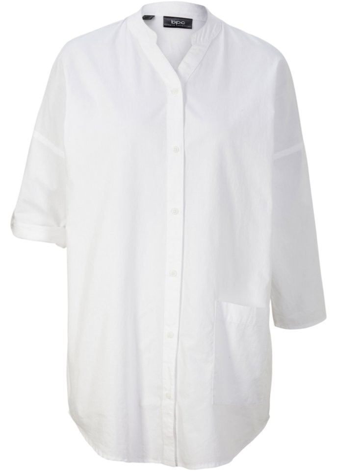 Popeline Bluse mit Tasche mit Turn-Up Ärmel