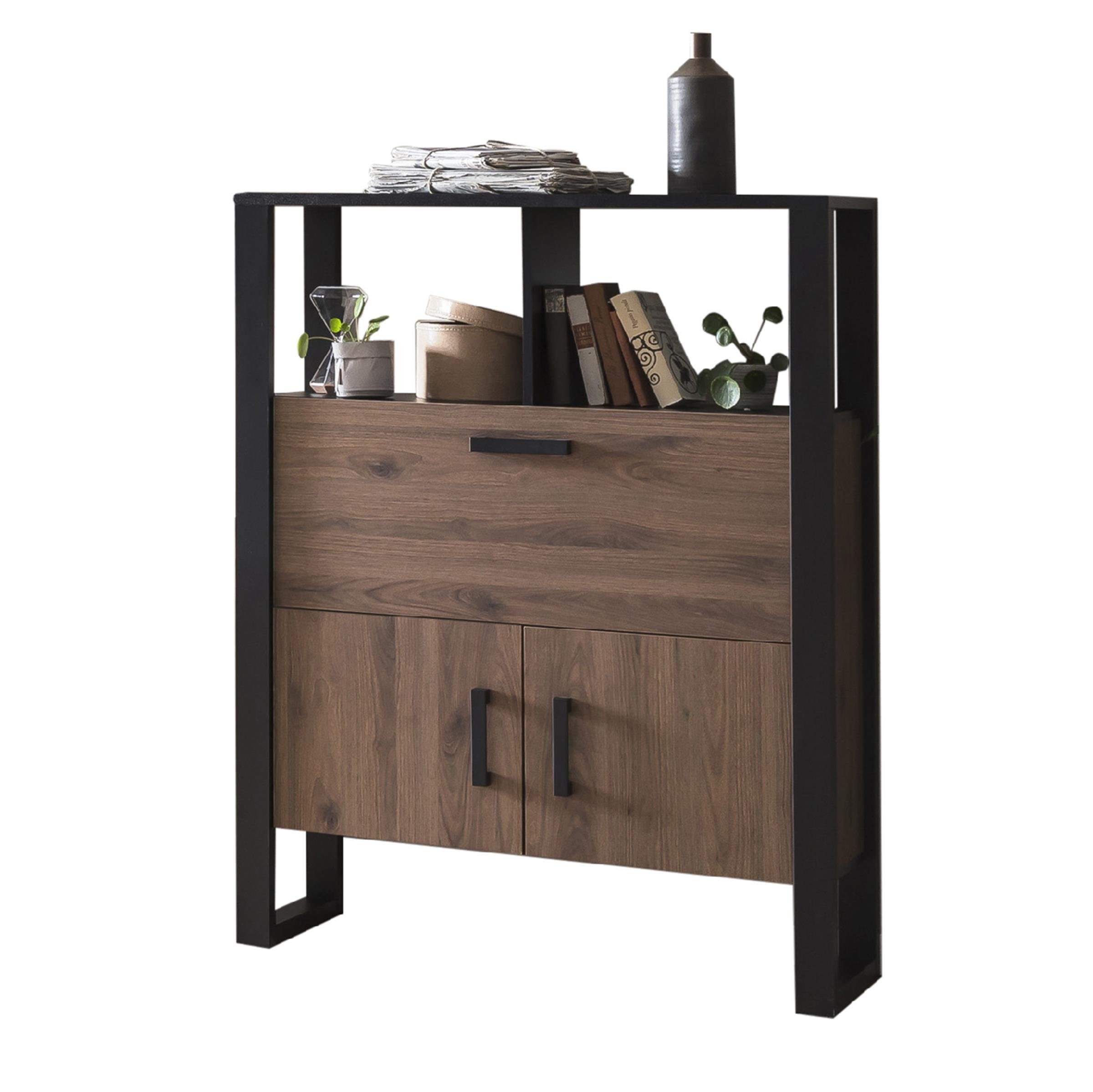 möbelando Barschrank Nordi Moderner Barschrank aus melaminharzbeschichteter Spanplatte, Front in Okapi-Nuss, Korpus in Schwarz/Okapi-Nuss, mit 3 Türen, 2 Einlegeböden und 2 offenen Fächern, Breite 100,3 cm, Höhe 133,4 cm, Tiefe 38,9 cm