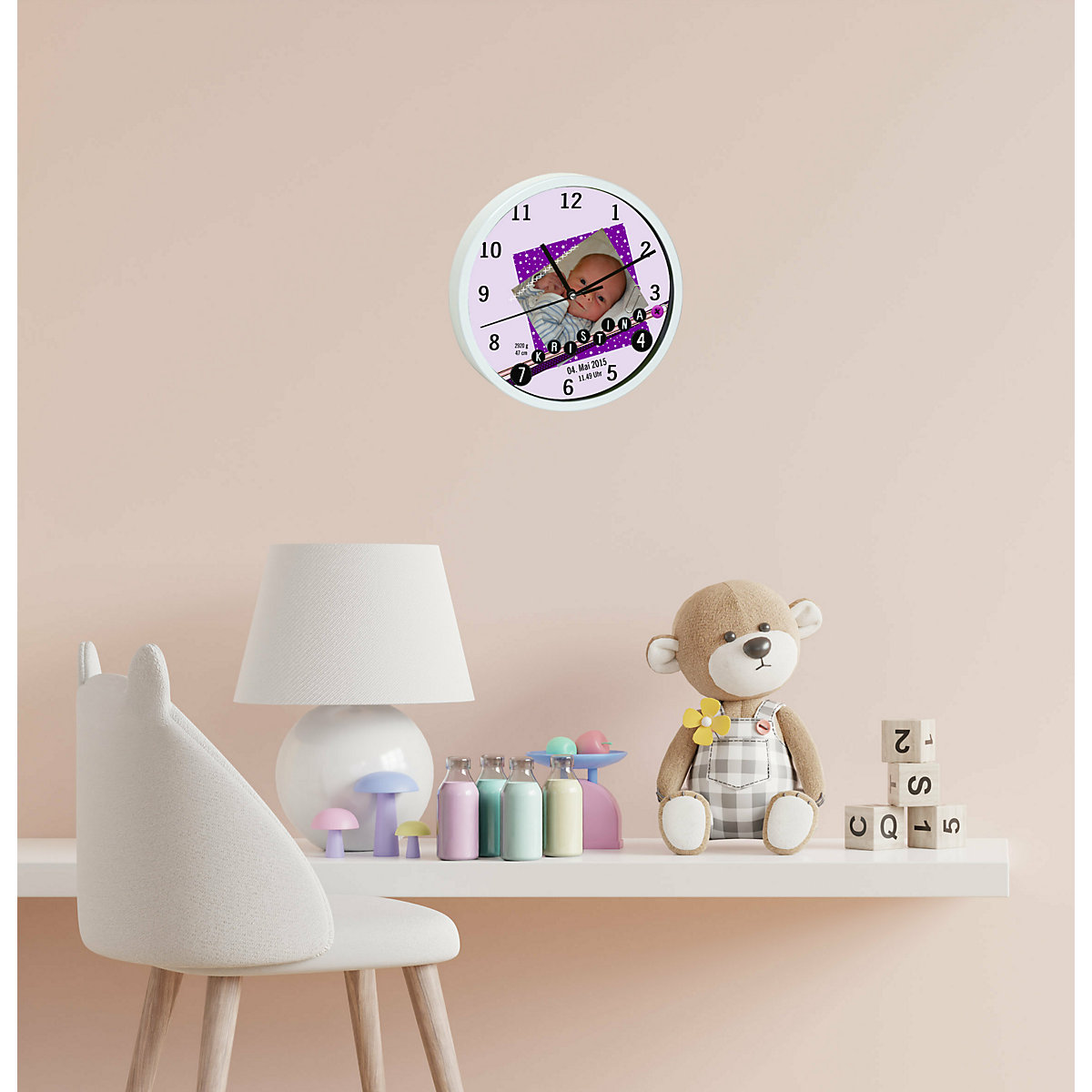 Kinder Wanduhr laufruhig personalisiert mit Name Scrapbooking lila
