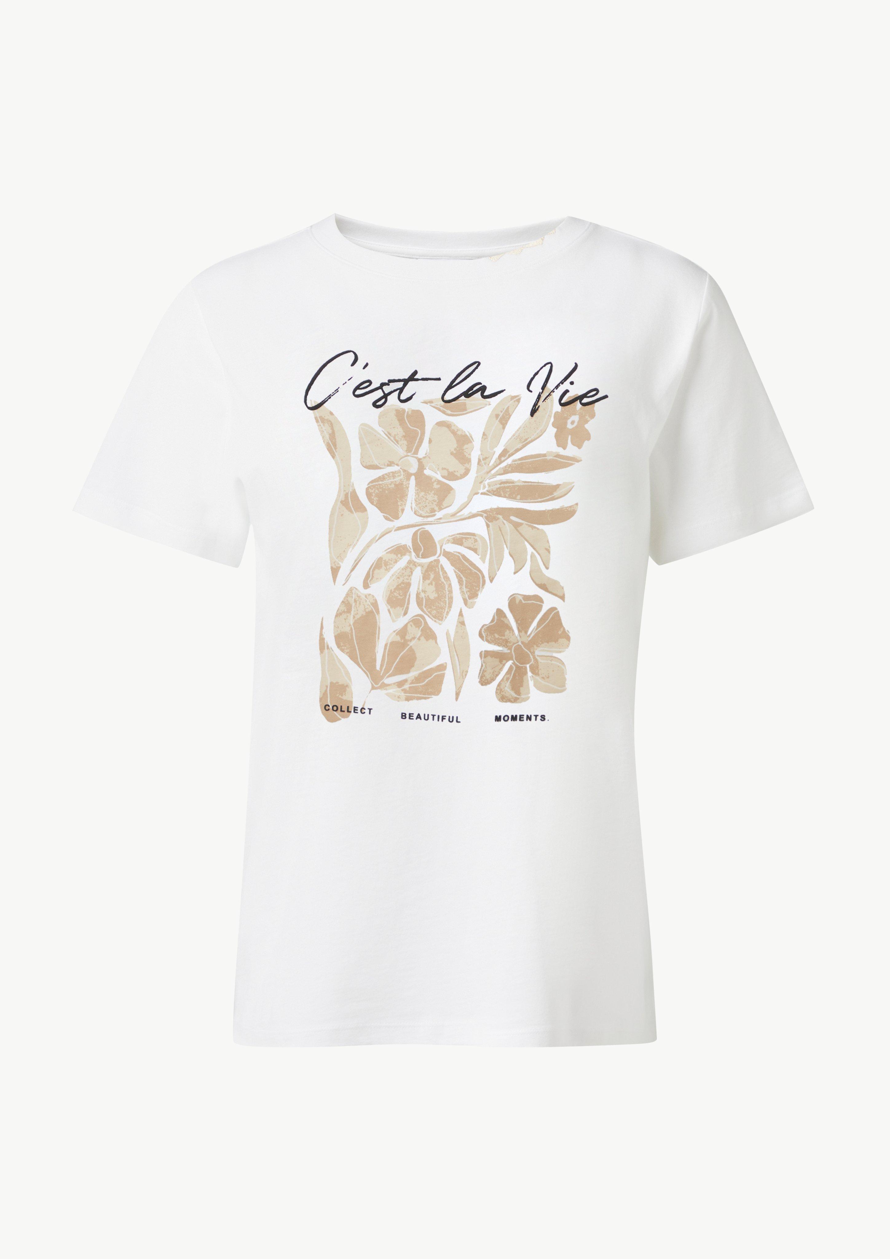 T-Shirt mit Artwork und Stickerei am Ausschnitt - weiß