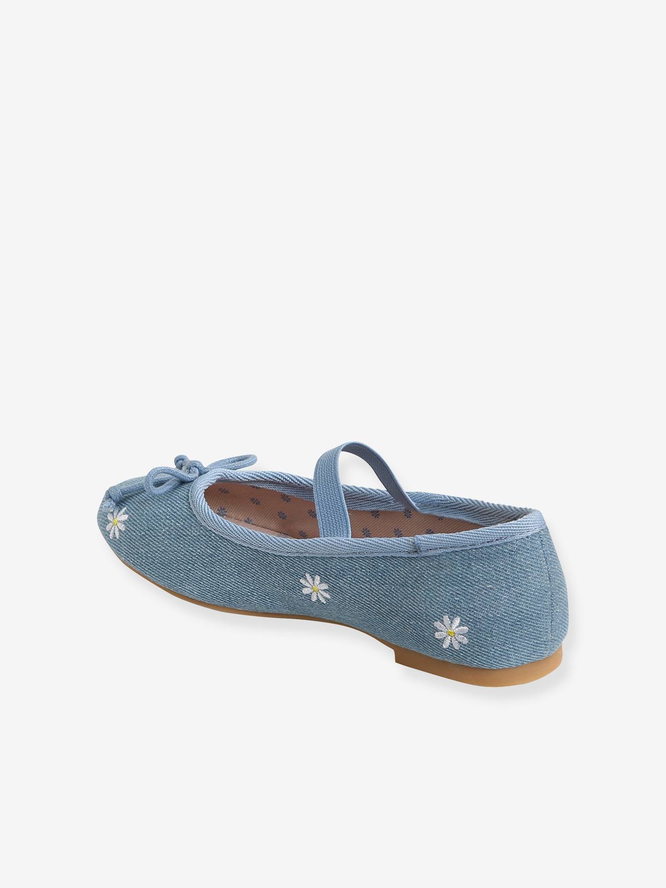 Ballerines fille en toile brodée bleu