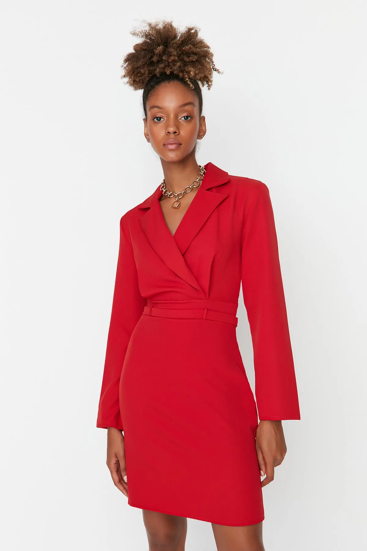 Trendyol Collection  Rotes Mini-Webkleid mit Jackenkragen TWOAW23EL00360