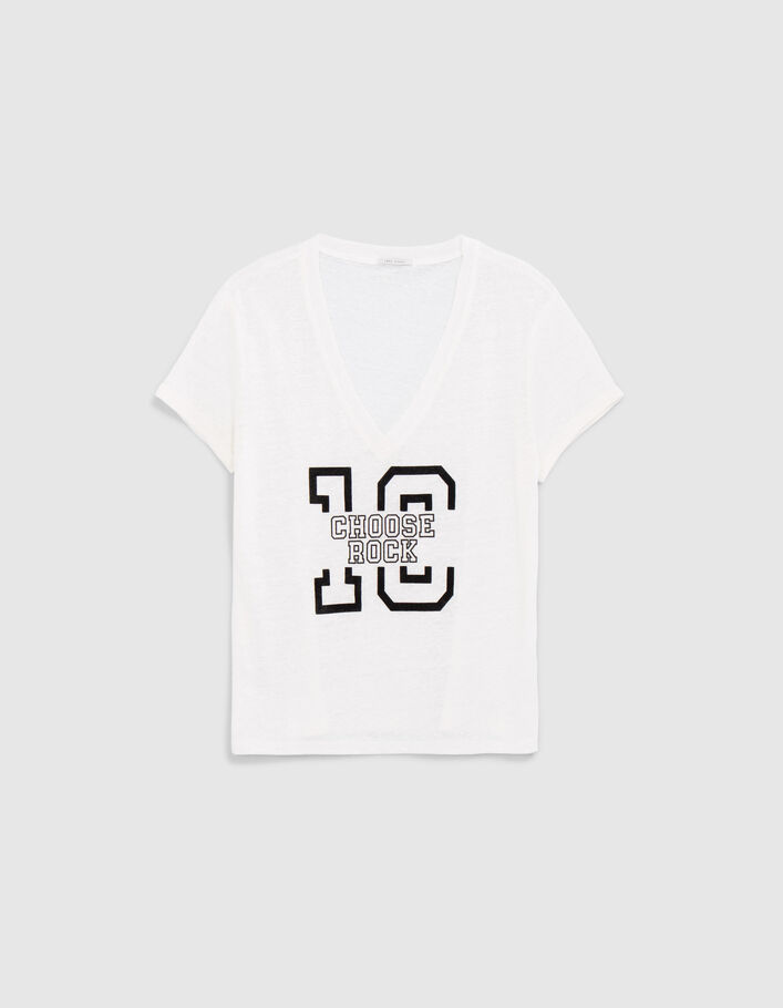 Tee-shirt écru en maille de lin à message Femme