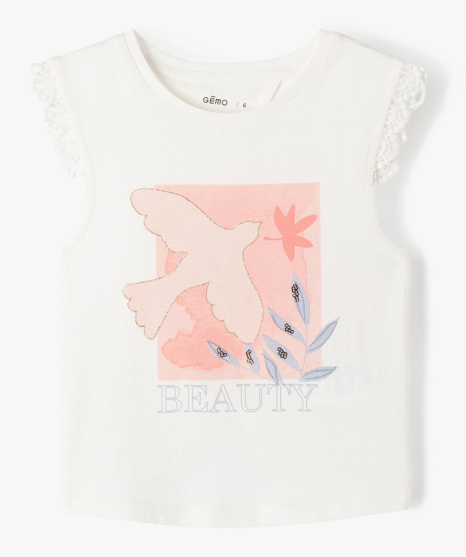 Débardeur fille avec motif pailleté et dos ouvert ecru | GEMO