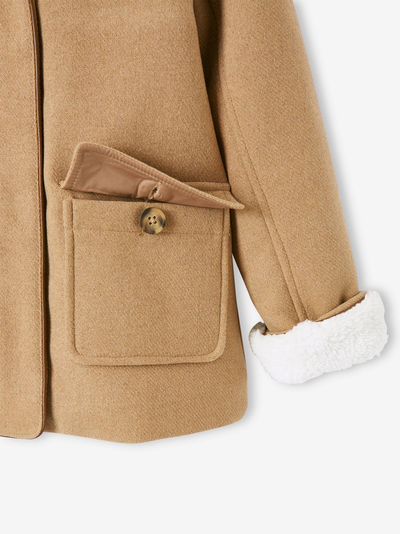 Manteau à capuche en drap de laine fille doublé sherpa chamois