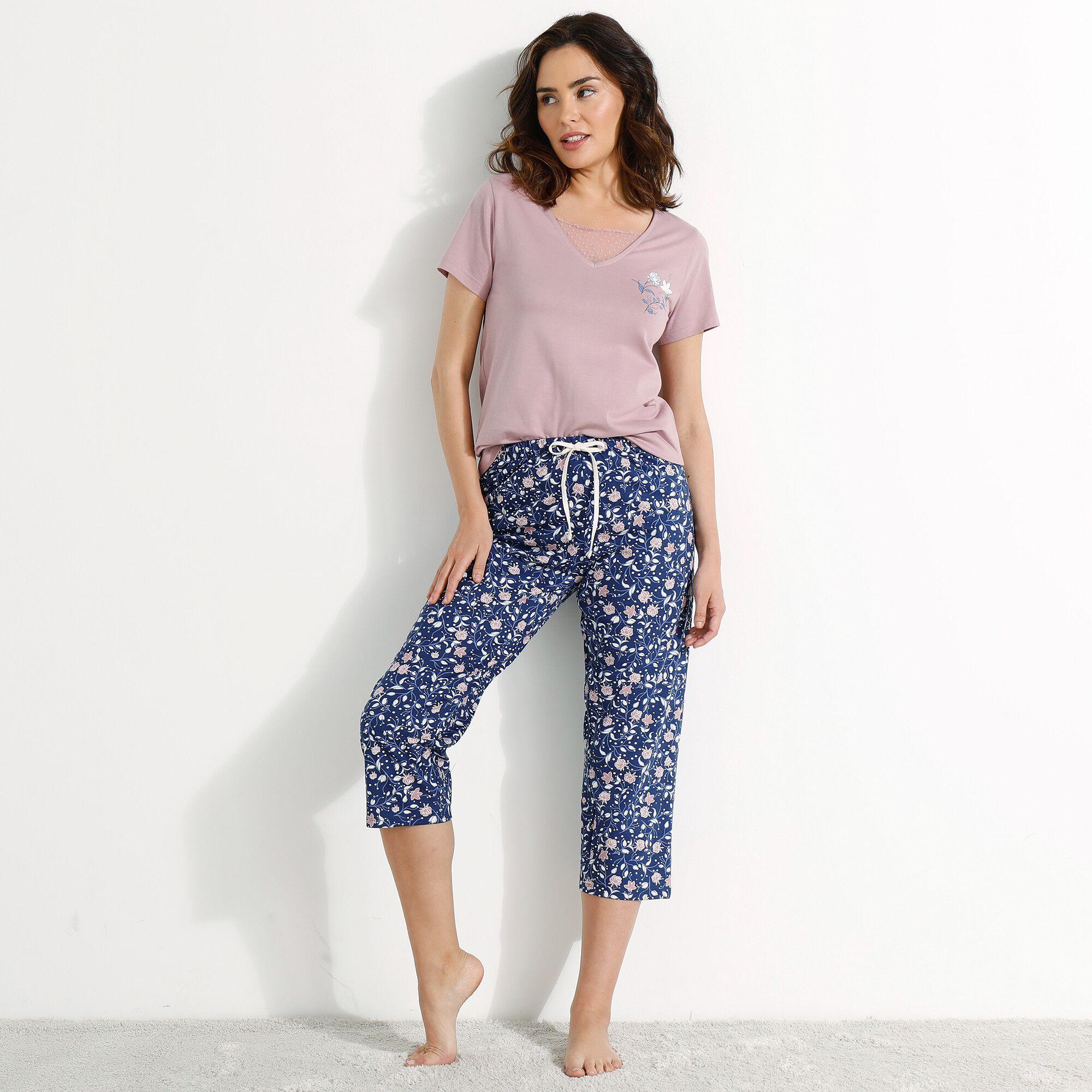 Pantacourt pyjama coton imprimé floral