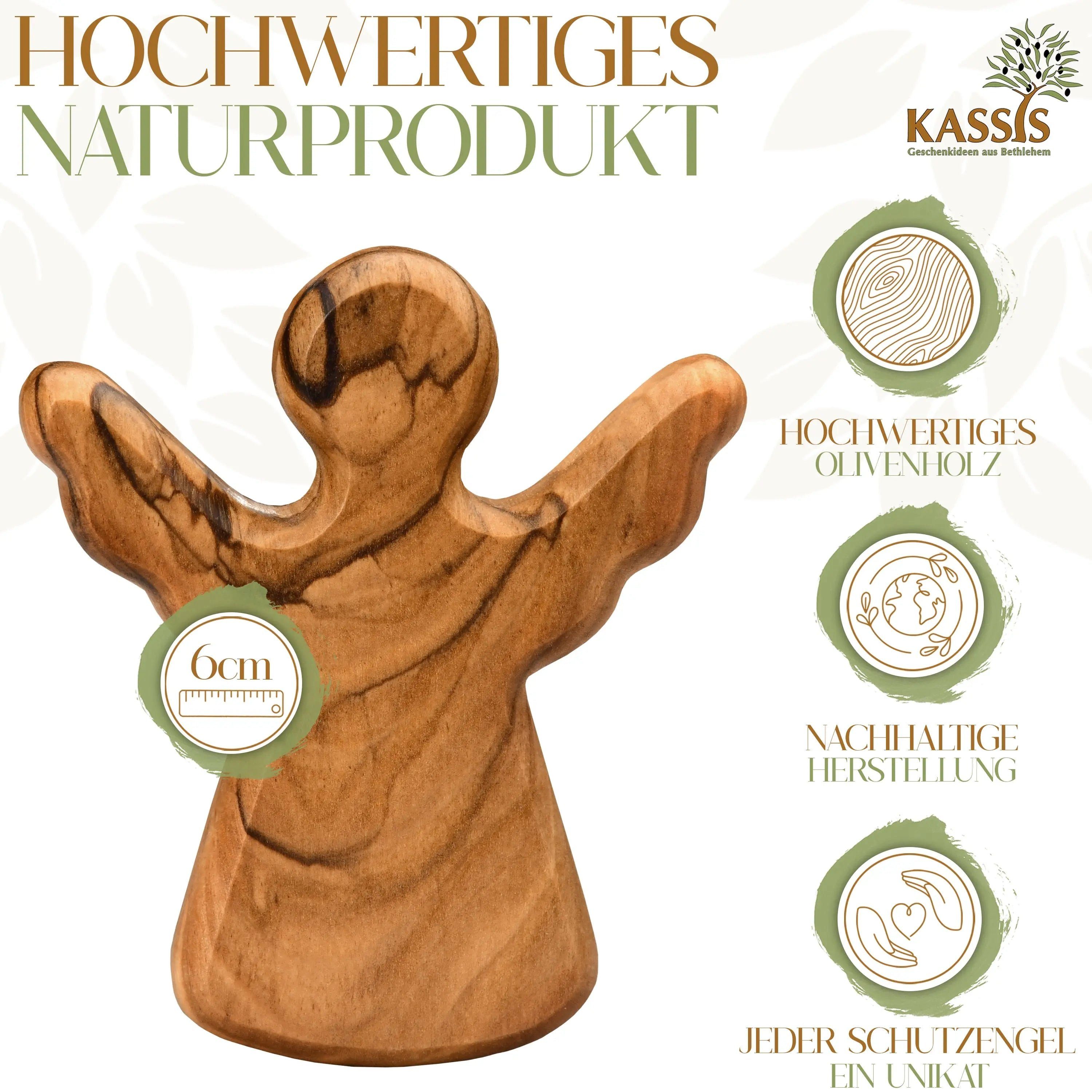 Kassis Engelfigur Schutzengel als Handschmeichler aus Olivenholz, handgemacht, umweltfreundlich, Naturprodukt, aus Bethlehem, Glücksbringer