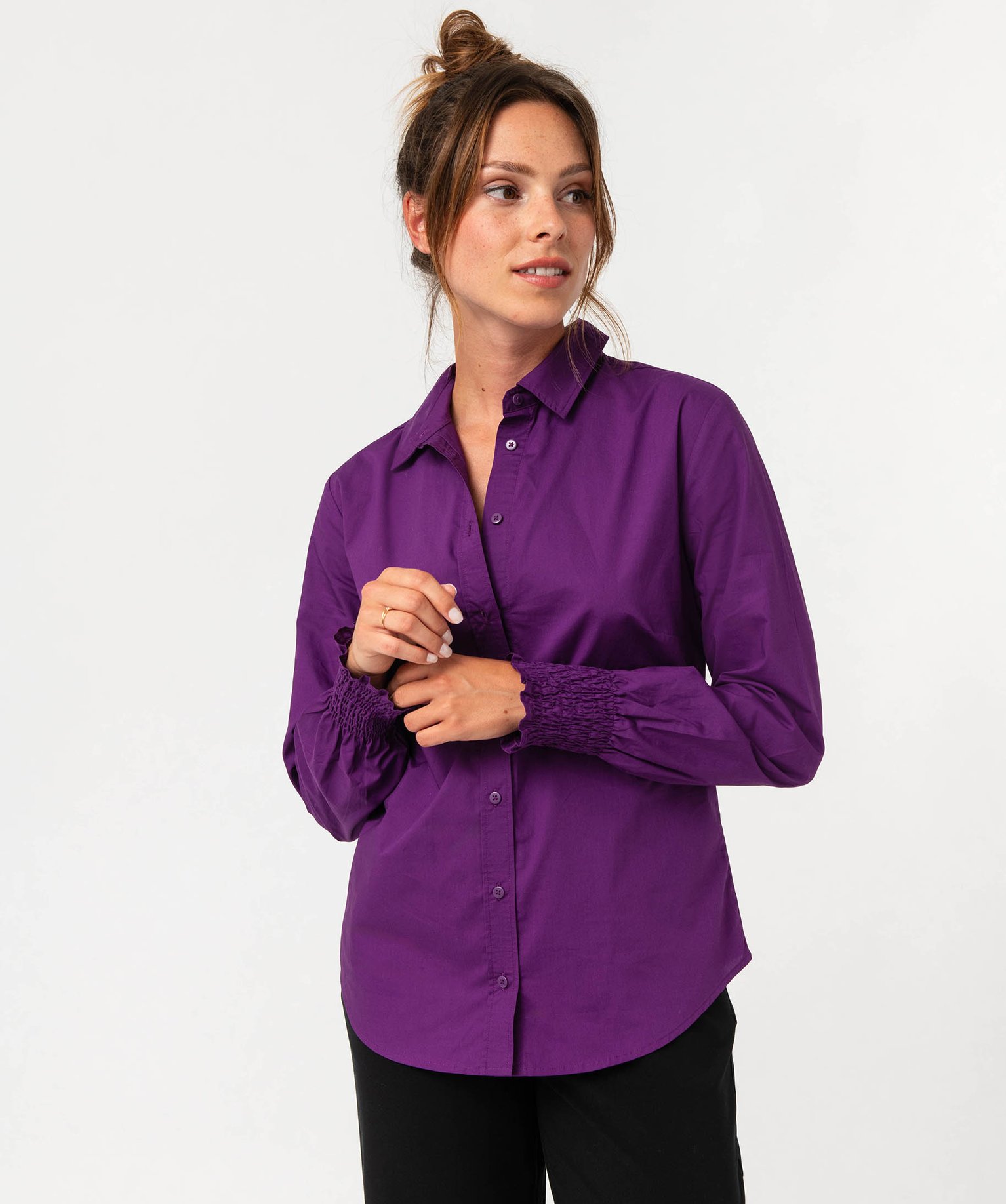 Chemise à manches longues avec poignets smockés femme violet | GEMO
