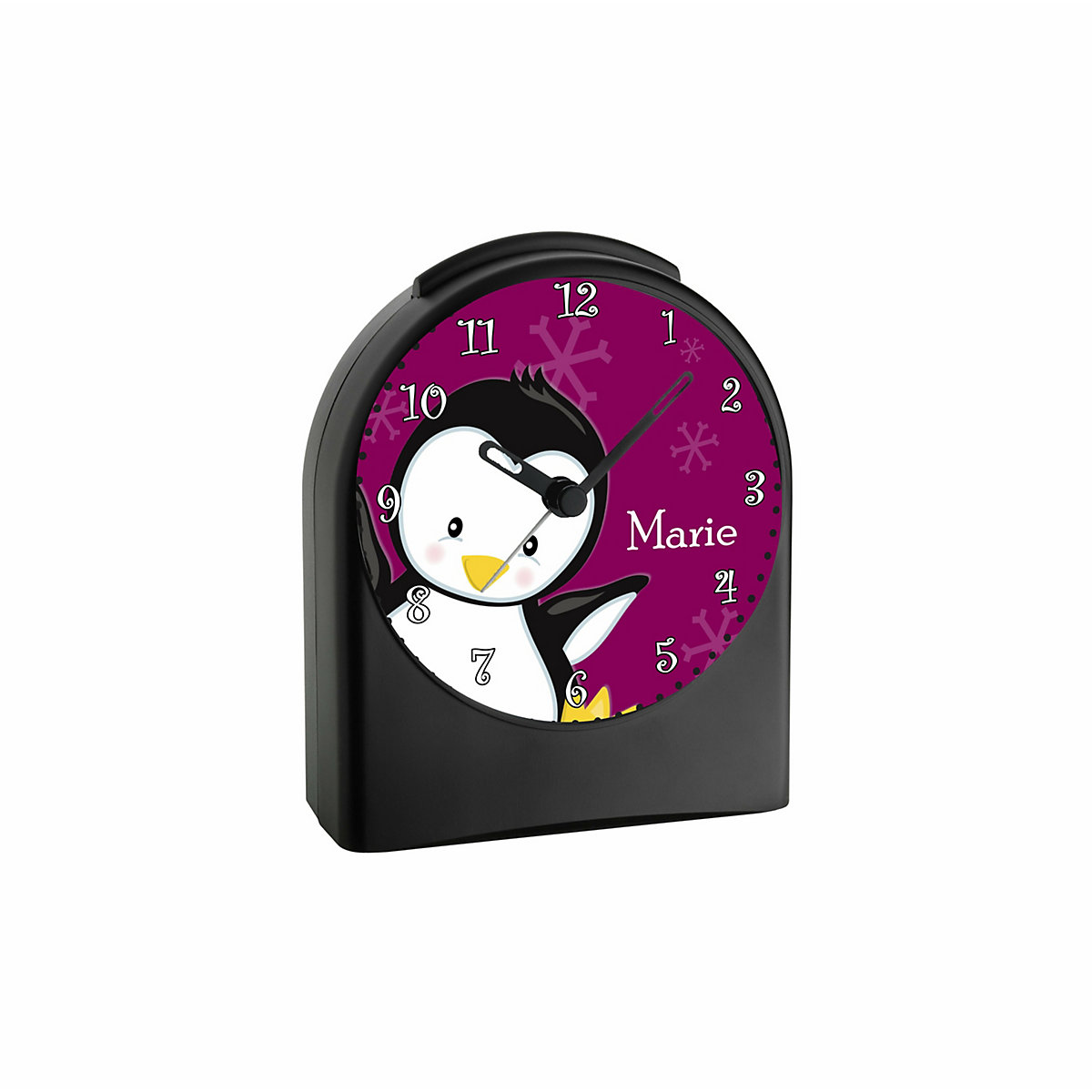 Kinder Funkwecker personalisiert mit Namen Pinguin Atom-/Funkuhr, 12-Stunden-Anzeigeformat, Schlummerfunktion, Nachtlicht, Geräuschlos/Ohne Ticken