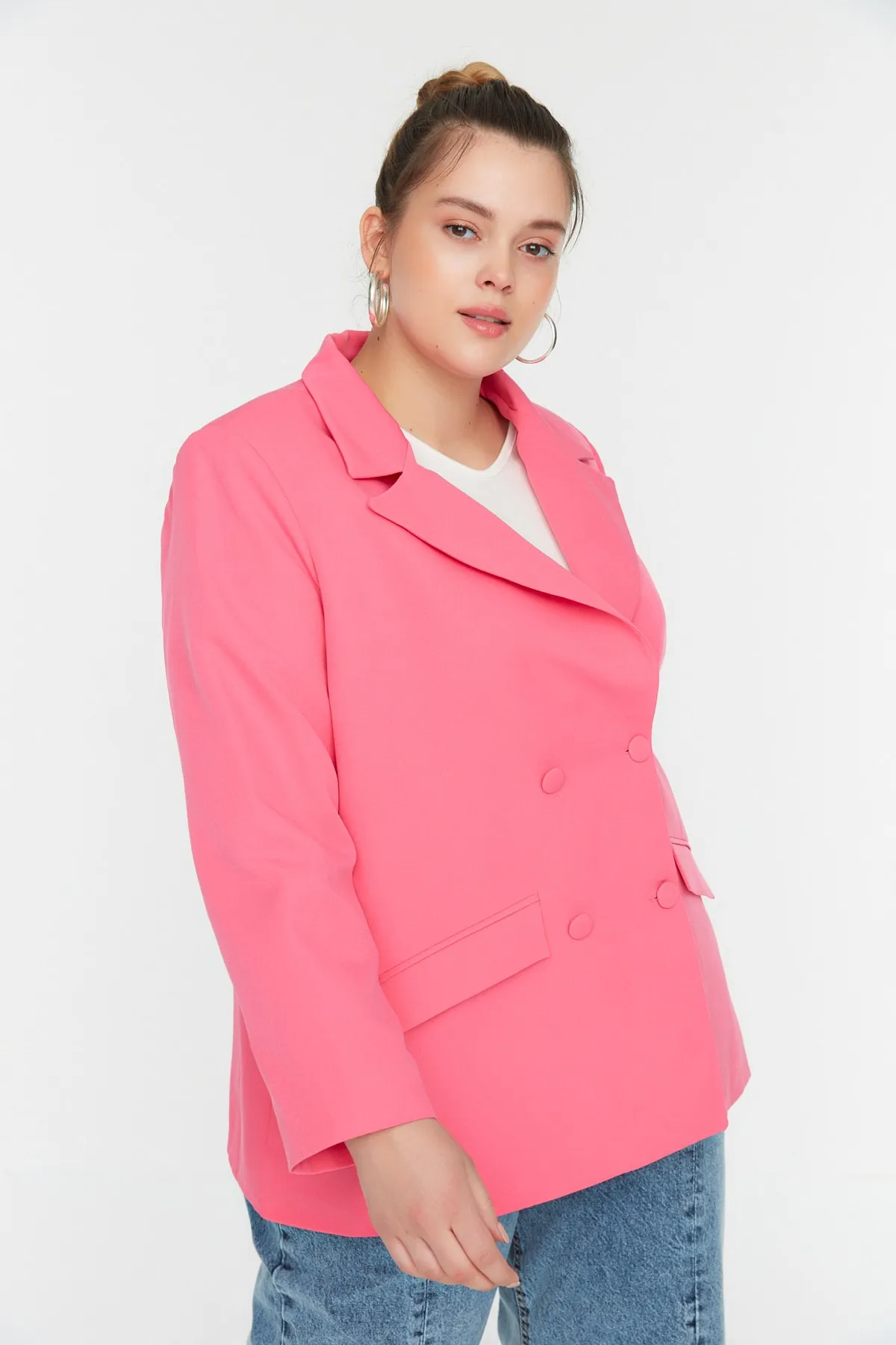 Trendyol Curve  Rosa gewebte Blazerjacke mit Doppelverschluss TBBSS22CE0180