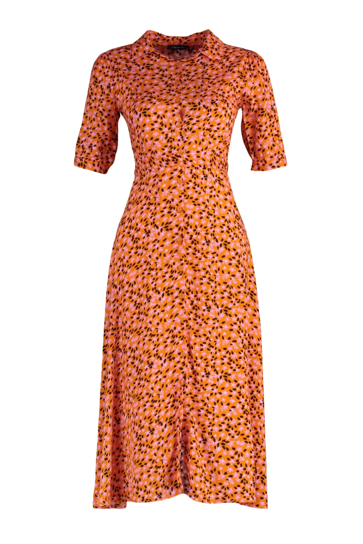 Trendyol Collection  Orangefarbenes, gewebtes Midi-Hemdkleid aus Viskose mit Blumendruck und Gürtel TWOSS20EL1559