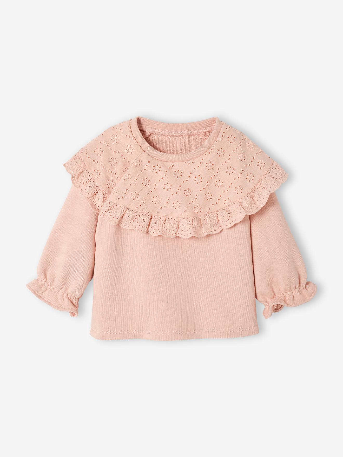 Sweat bébé encolure en broderie anglaise rose poudré