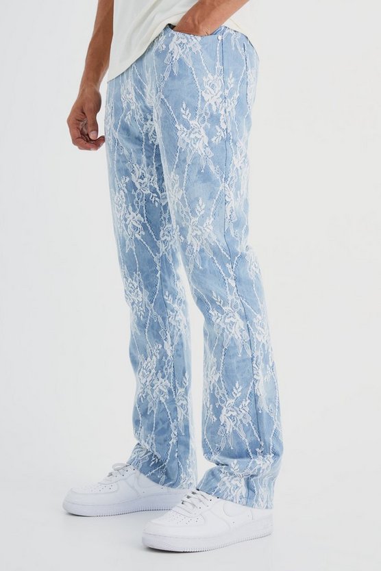 Slim-Fit Schlagjeans mit Spitzen-Overlay