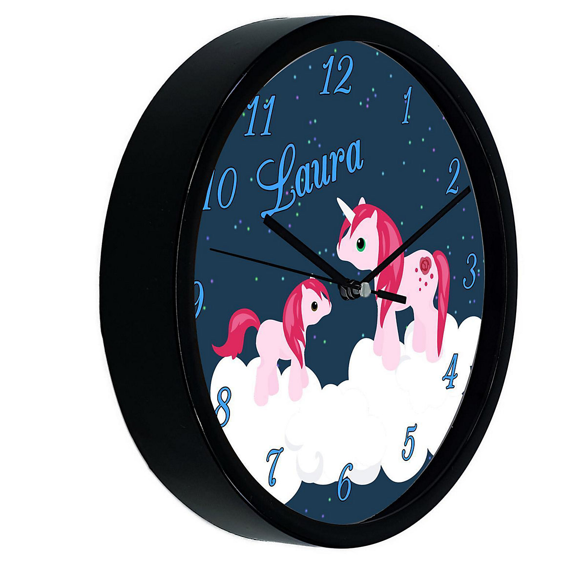 Kinder Wanduhr laufruhig personalisiert mit Name Einhorn