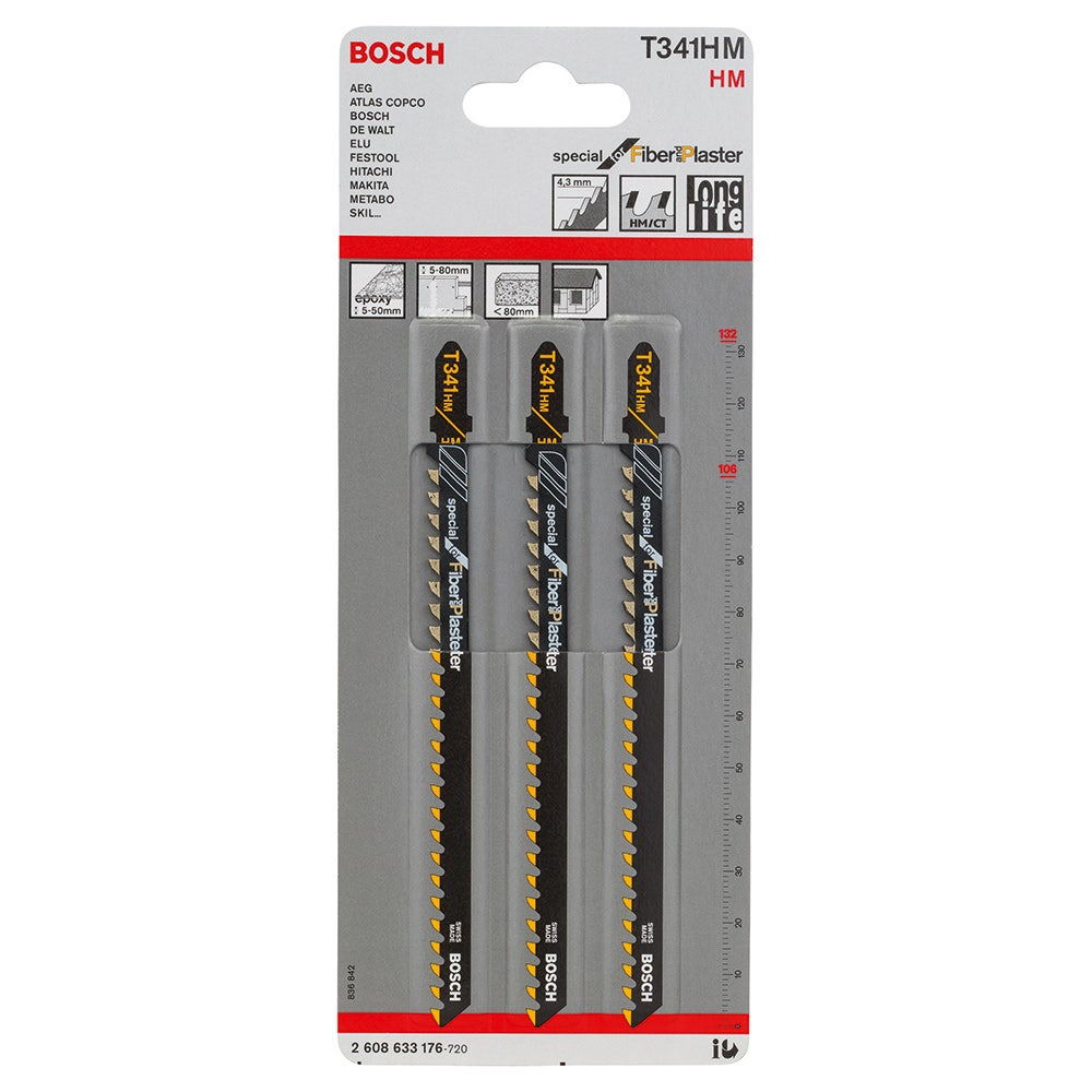 Lâminas de serra tico-tico BOSCH com encaixe em T, para fibrocimento TCT, 132 mm, 3 unidades, T341HM